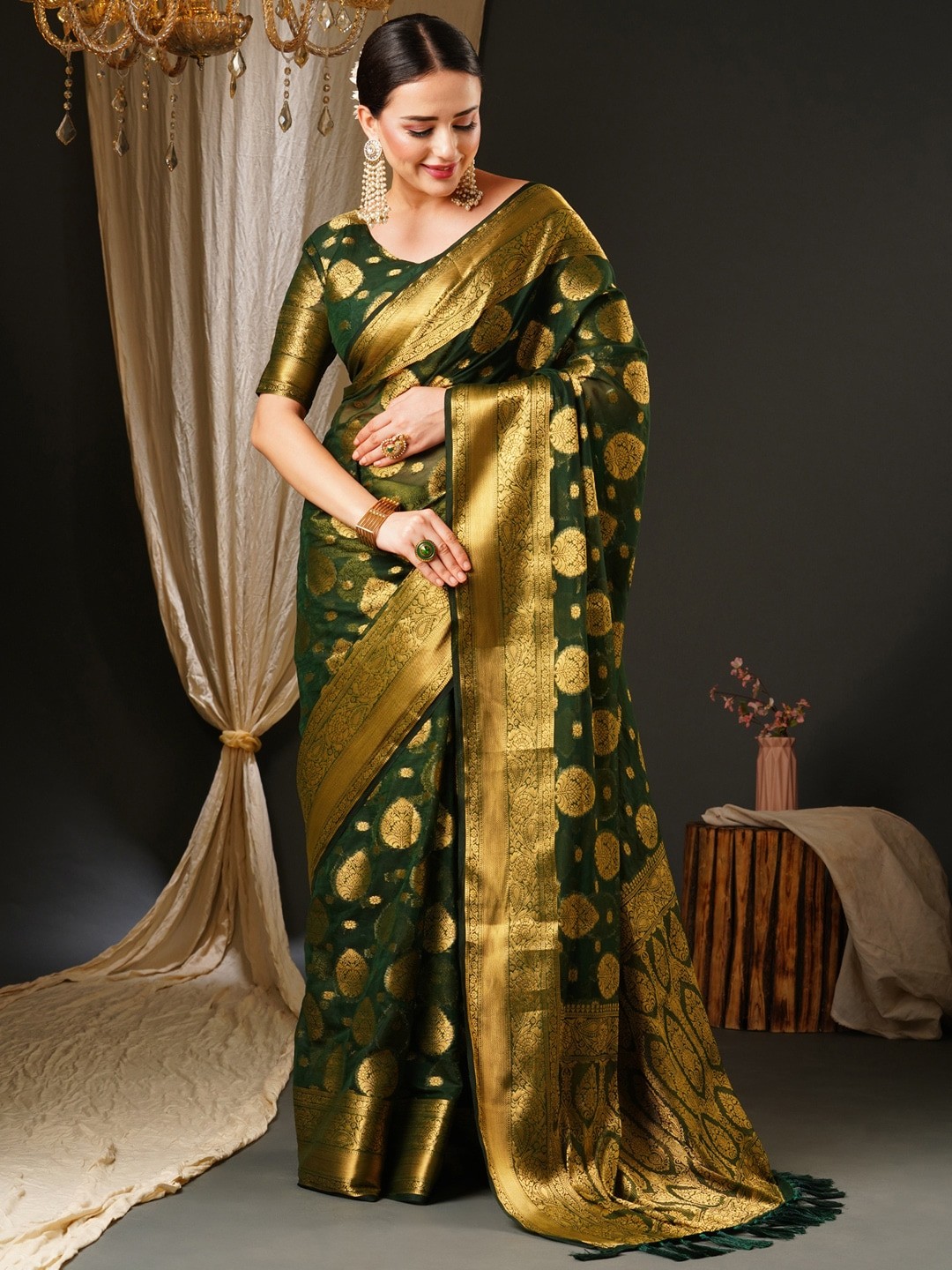 

Anouk Ethnic Motifs Woven Design Zari Pure Georgette Kanjeevaram Saree, Green
