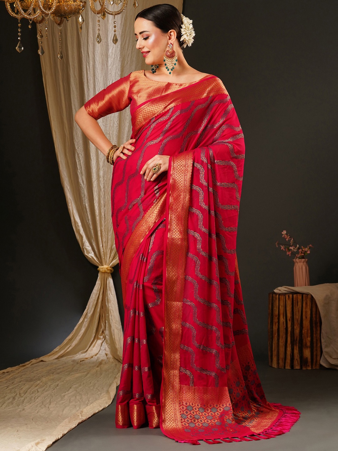 

Anouk Ethnic Motifs Woven Design Zari Pure Georgette Kanjeevaram Saree, Pink