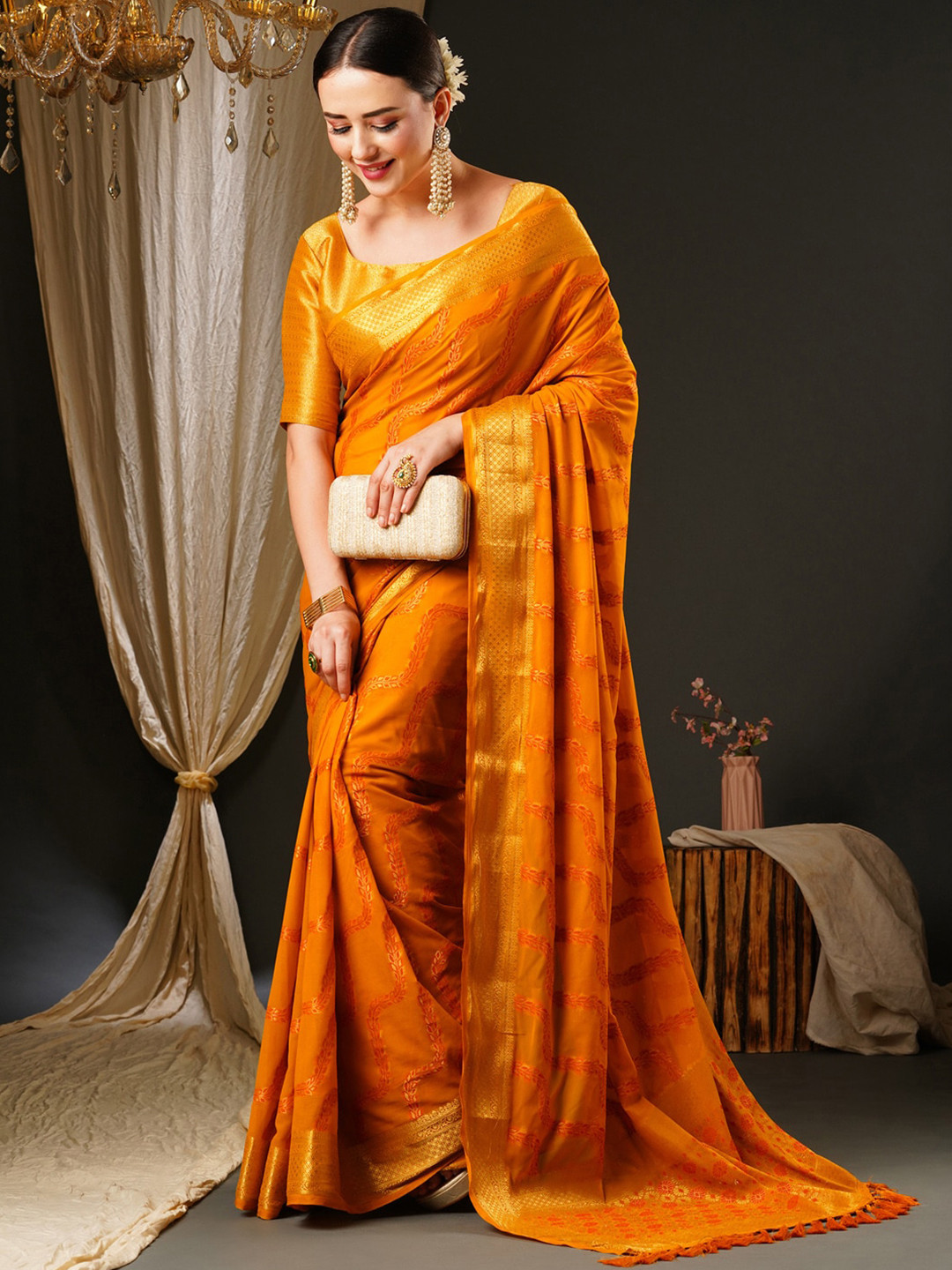 

Anouk Yellow & Gold-Toned Ethnic Motifs Woven Design Zari Pure Georgette Kanjeevaram Saree