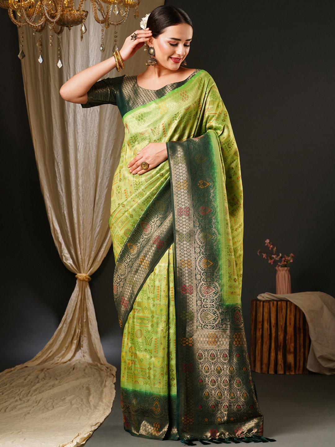

Anouk Green & Red Ethnic Motifs Woven Design Zari Pure Silk Kanjeevaram Saree