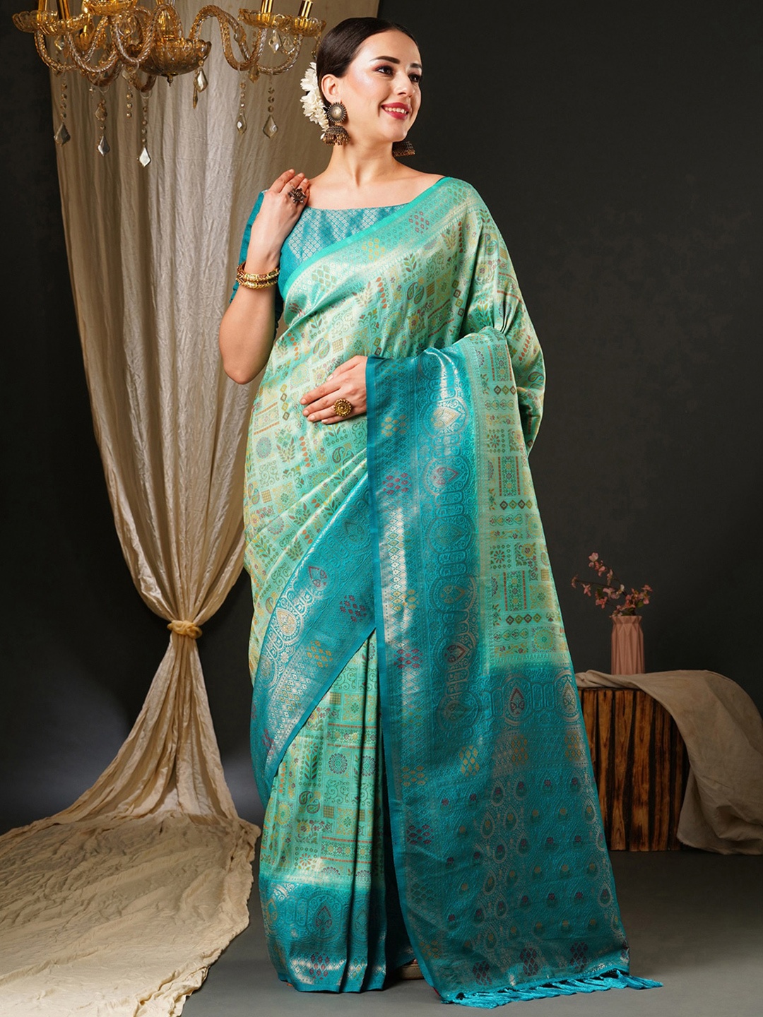 

Anouk Blue & Gold-Toned Ethnic Motifs Woven Design Zari Pure Silk Kanjeevaram Saree