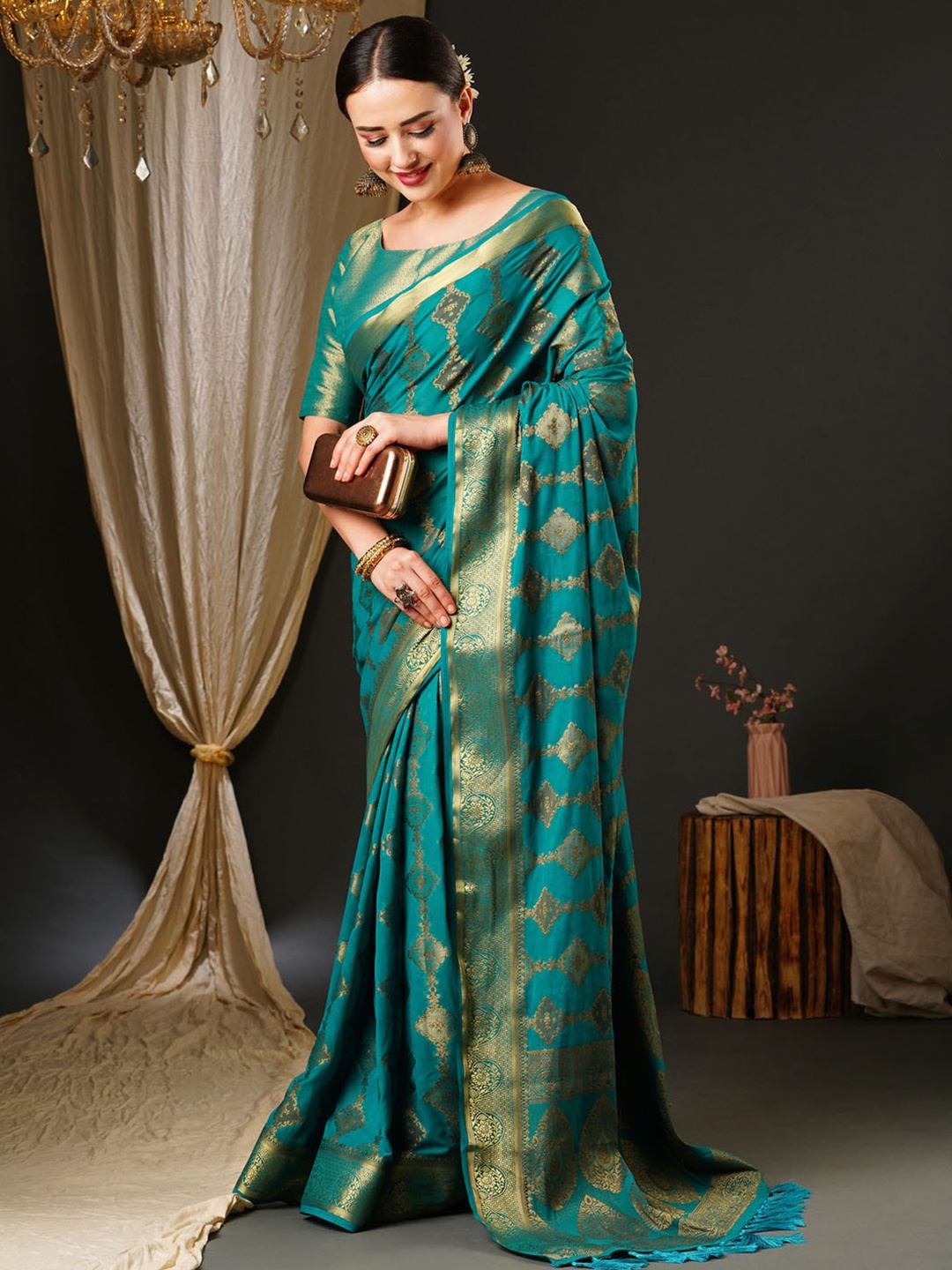 

Anouk Blue & Gold-Toned Ethnic Motifs Woven Design Zari Pure Georgette Kanjeevaram Saree