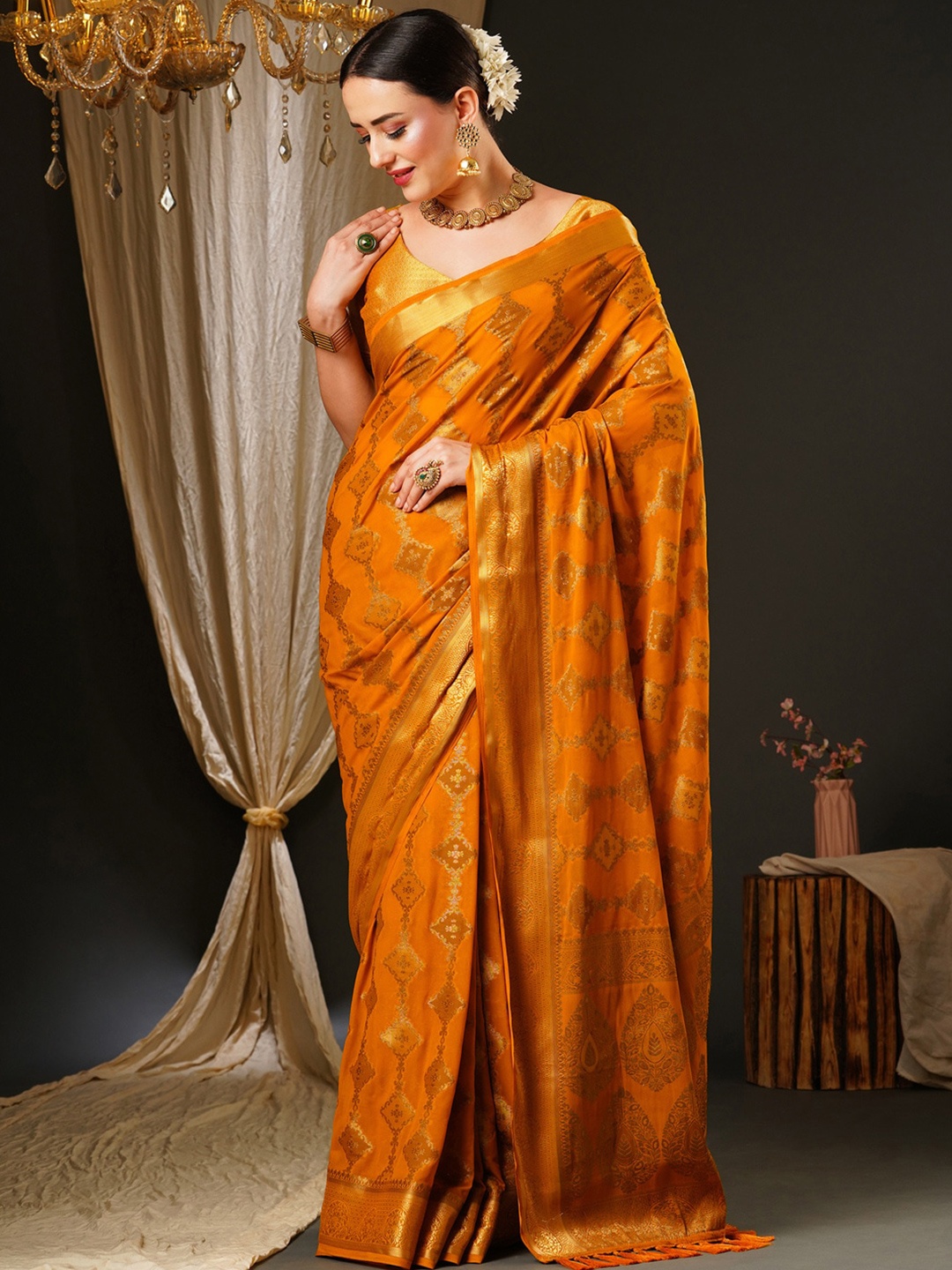 

Anouk Mustard & Gold-Toned Ethnic Motifs Woven Design Zari Georgette Kanjeevaram Saree