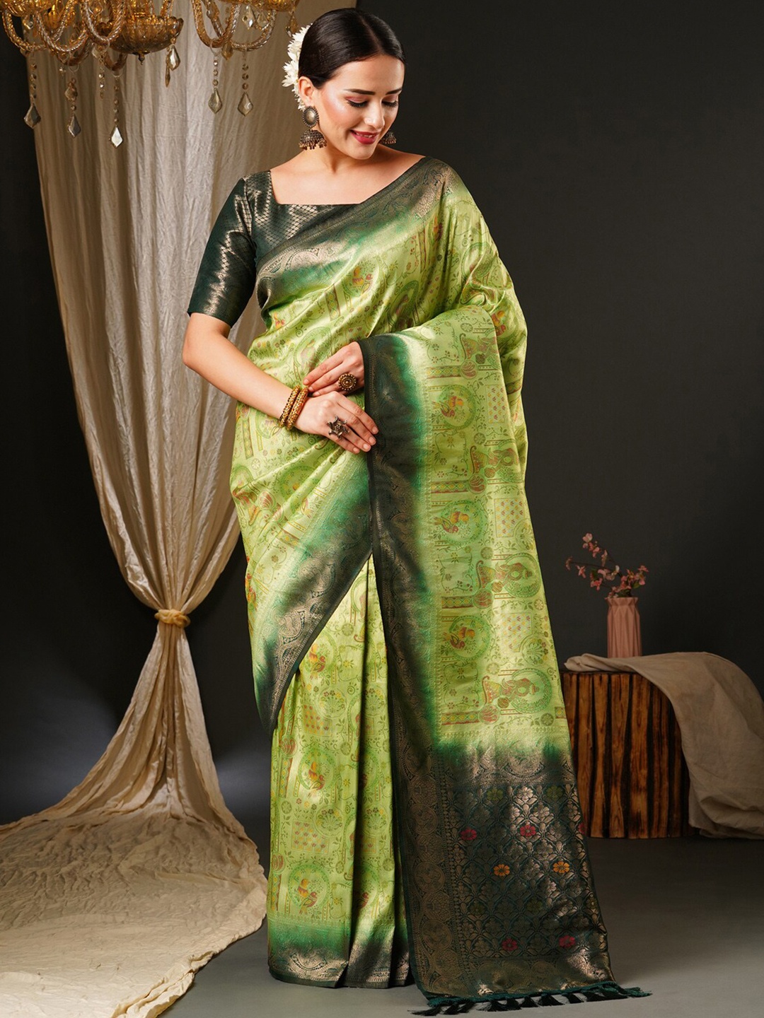 

Anouk Green & Gold-Toned Ethnic Motifs Woven Design Zari Pure Silk Kanjeevaram Saree