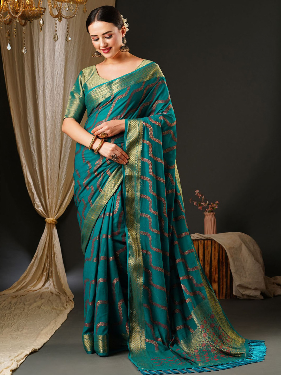 

Anouk Blue & Gold-Toned Floral Woven Design Zari Pure Georgette Kanjeevaram Saree