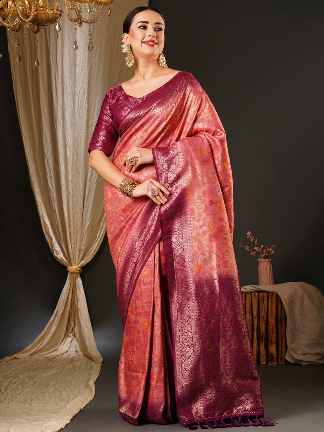 

Anouk Pink & Purple Ethnic Motifs Woven Design Zari Pure Silk Kanjeevaram Saree