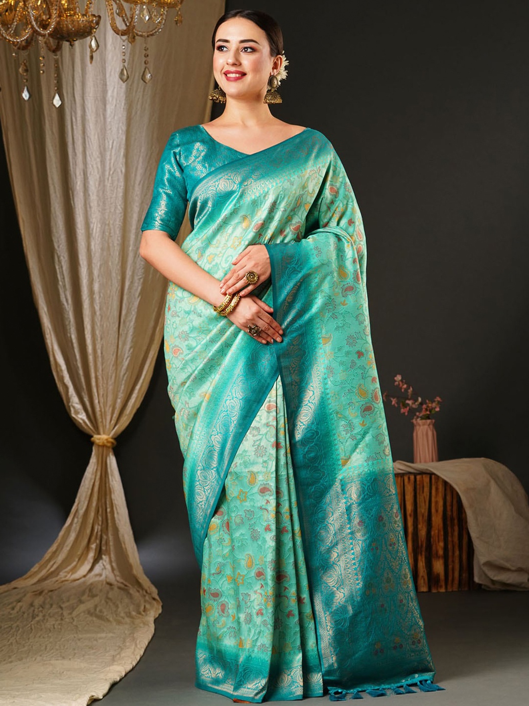 

Anouk Blue & Red Ethnic Motifs Woven Design Zari Pure Silk Kanjeevaram Saree