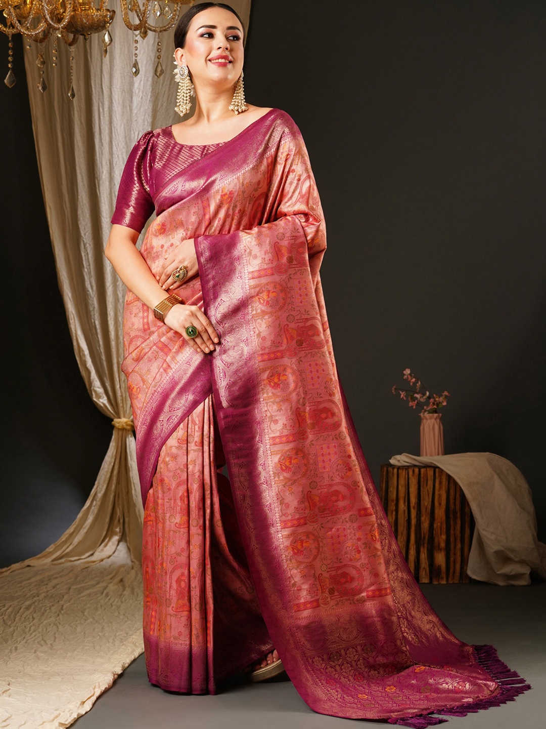 

Anouk Pink & Purple Ethnic Motifs Woven Design Zari Pure Silk Kanjeevaram Saree