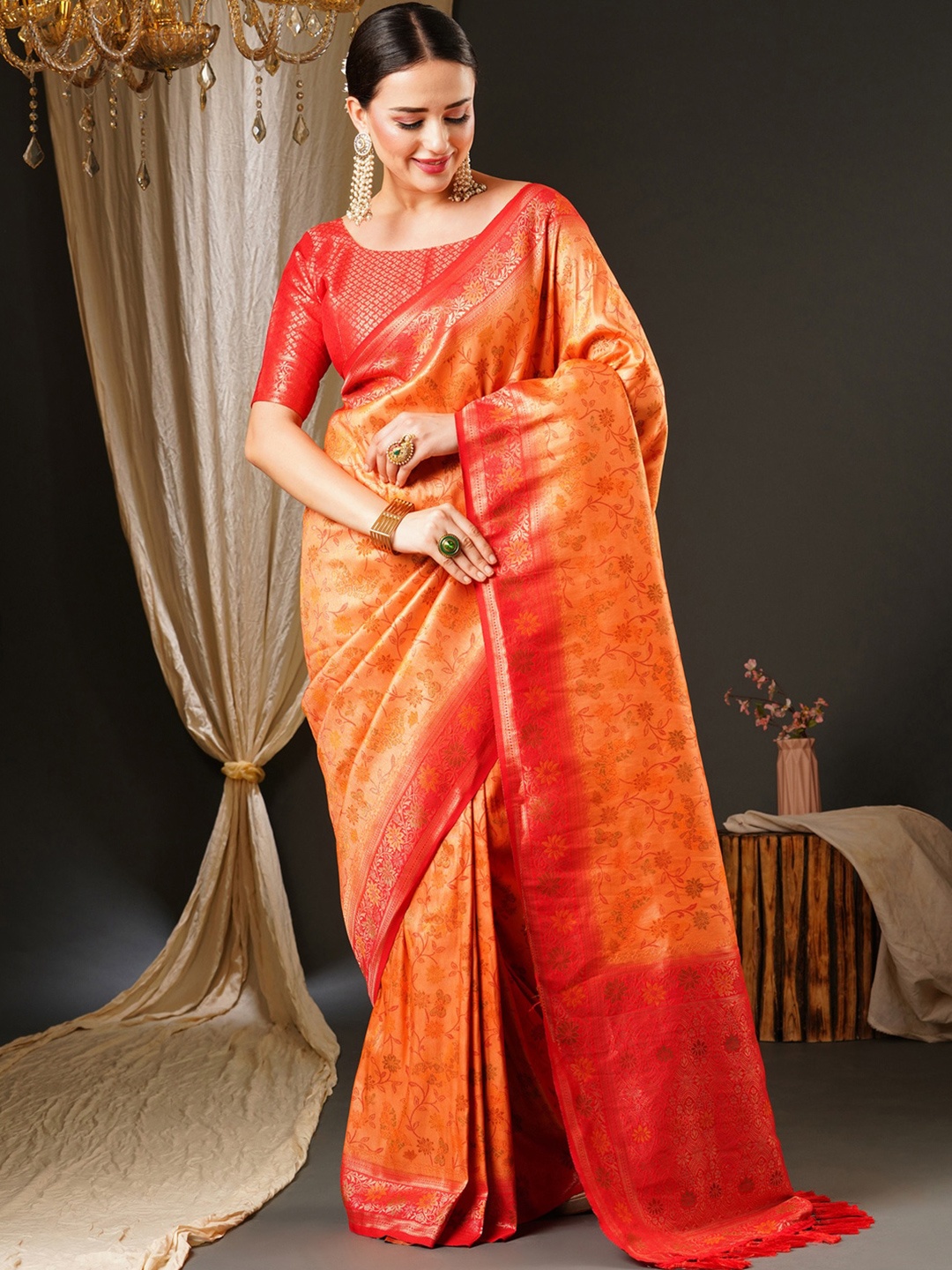 

Anouk Peach-Coloured & Red Ethnic Motifs Woven Design Zari Pure Silk Kanjeevaram Saree