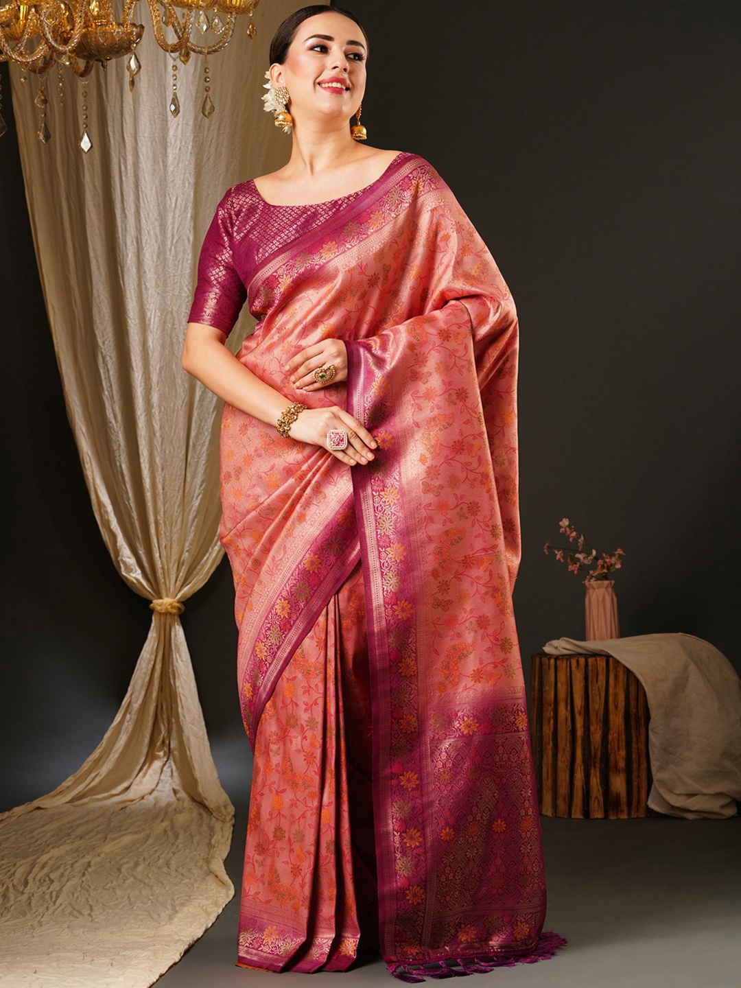 

Anouk Ethnic Motifs Woven Design Zari Pure Silk Kanjeevaram Saree, Pink