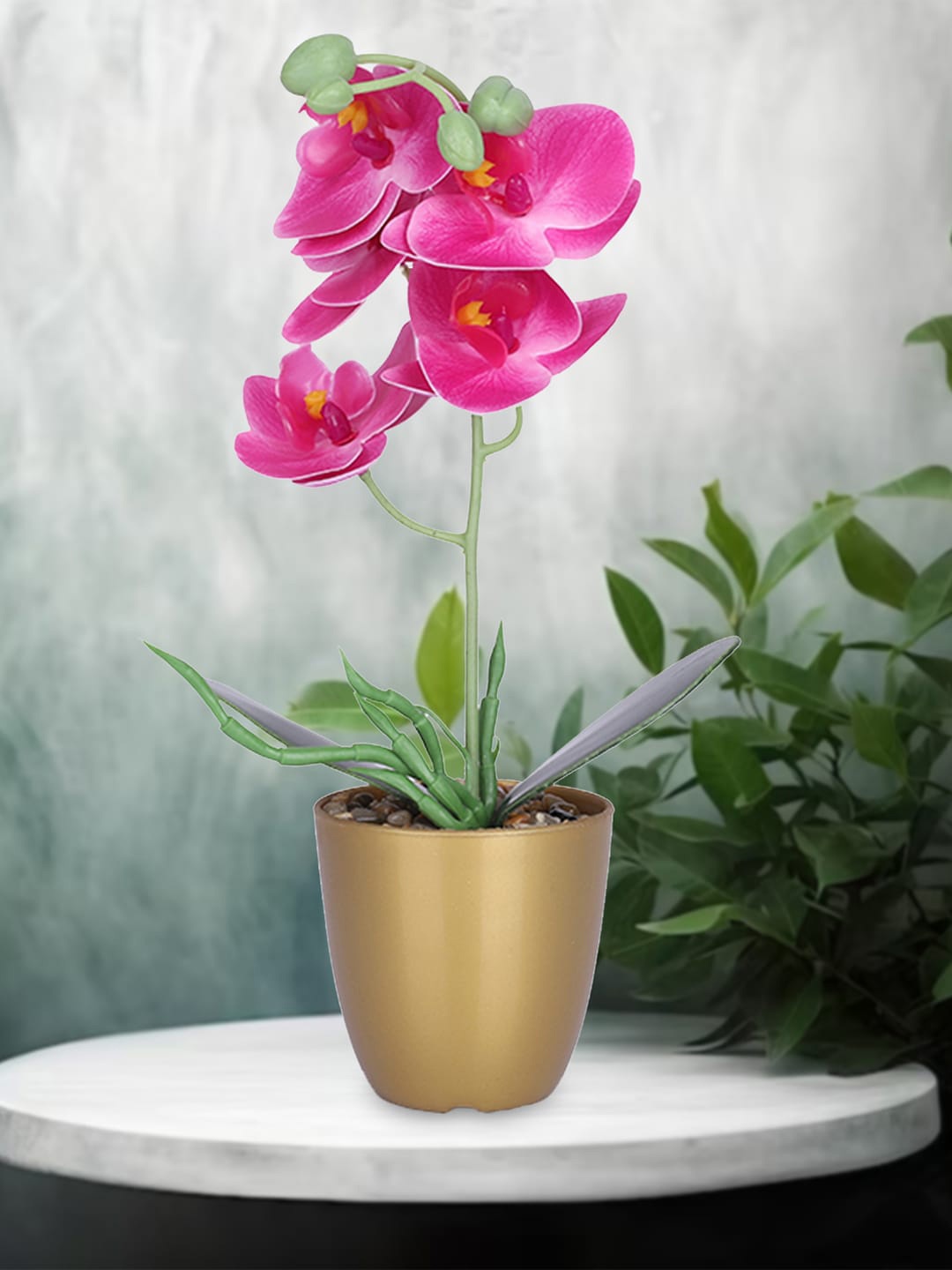 Kuber Industries Pink & Green Artificial Orchid Flower Plant With Pot