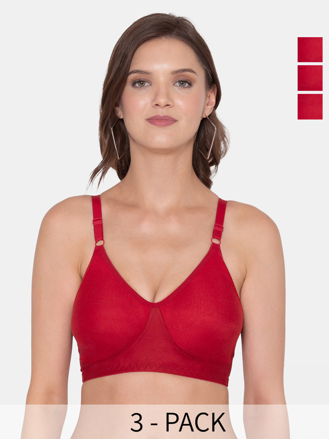 

Souminie Pack Of 3 Half Coverage Non Padded Cotton Everyday Bra With All Day Comfort, Red