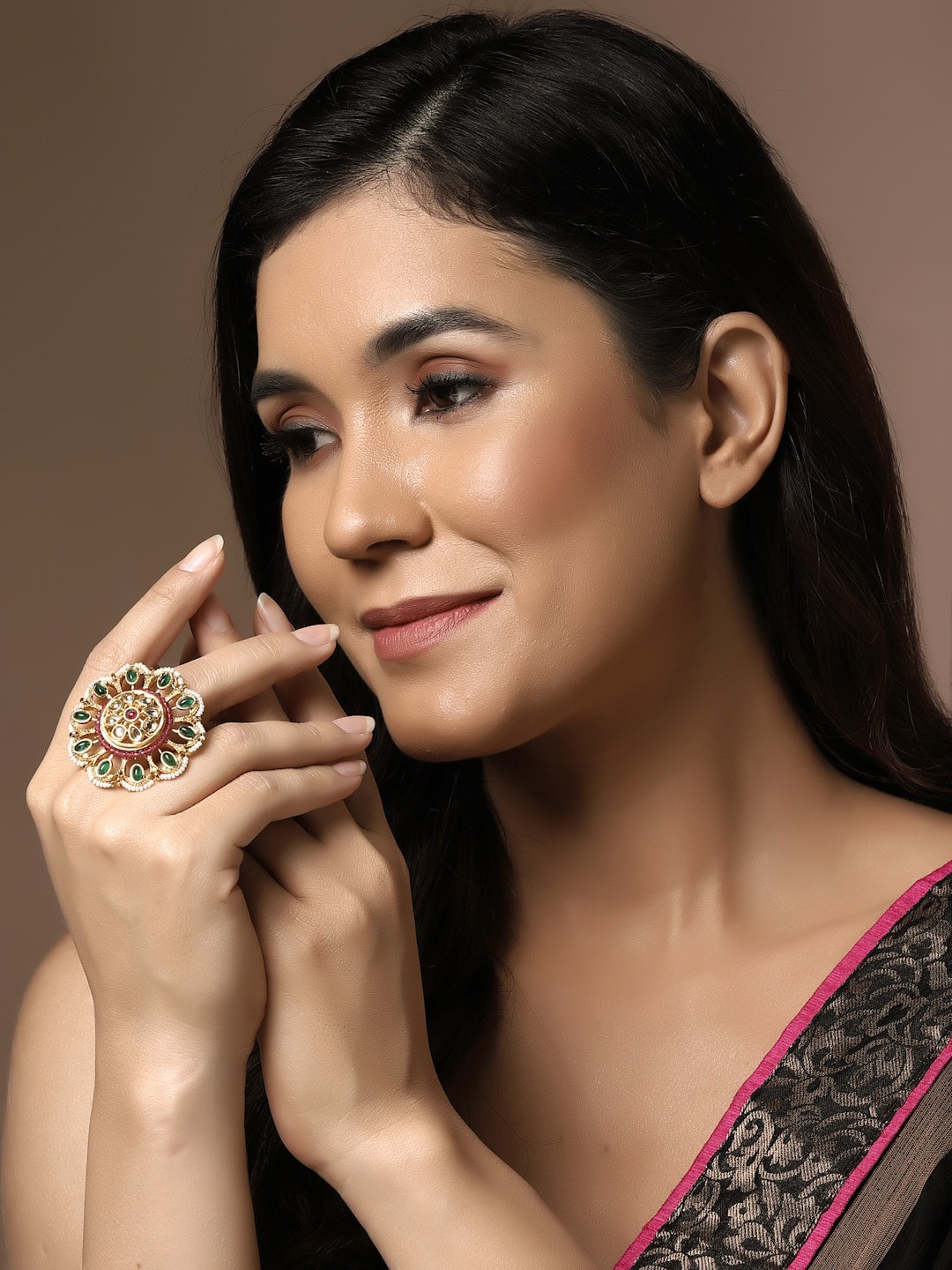

PANASH Gold-Plated Stone-Studded & Pearl Beaded Finger Ring