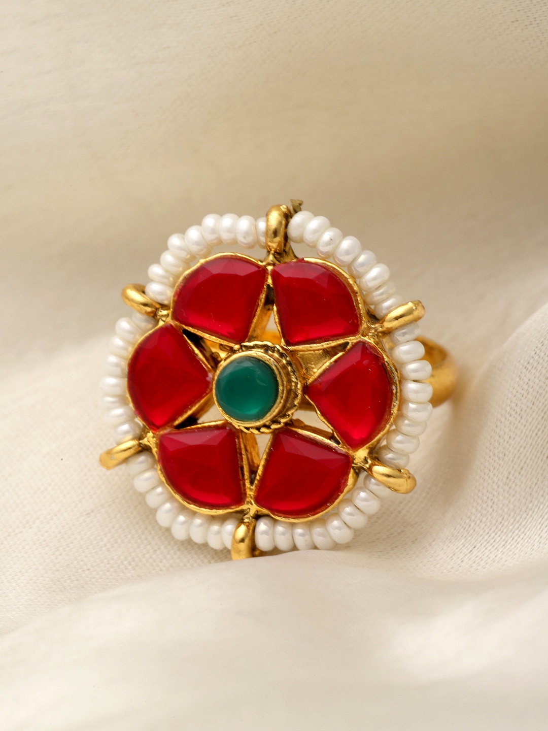 

PANASH Gold-Plated Stone-Studded & Pearl Beaded Finger Ring