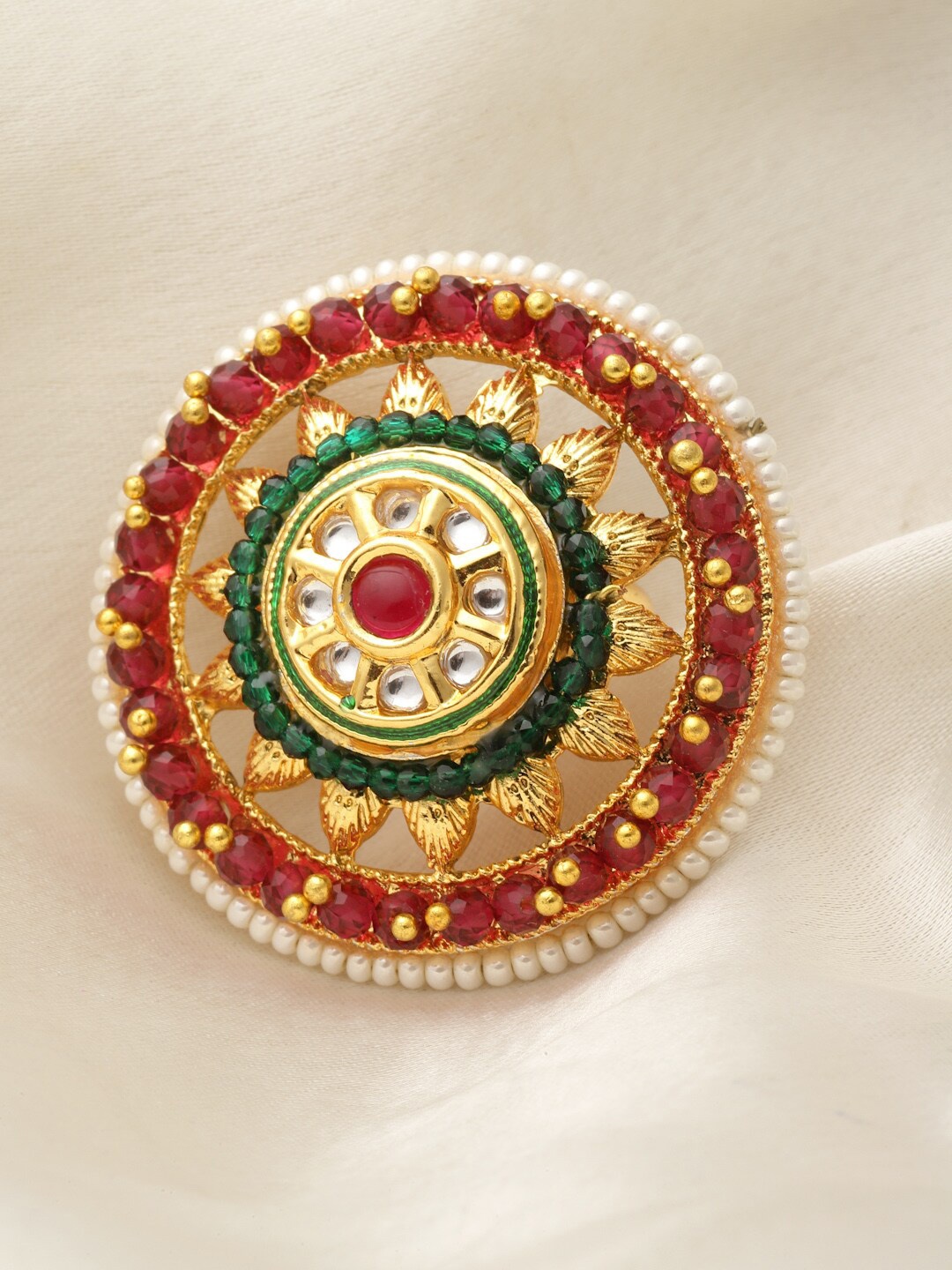 

PANASH Gold-Plated Stone-Studded & Pearl Beaded Finger Ring