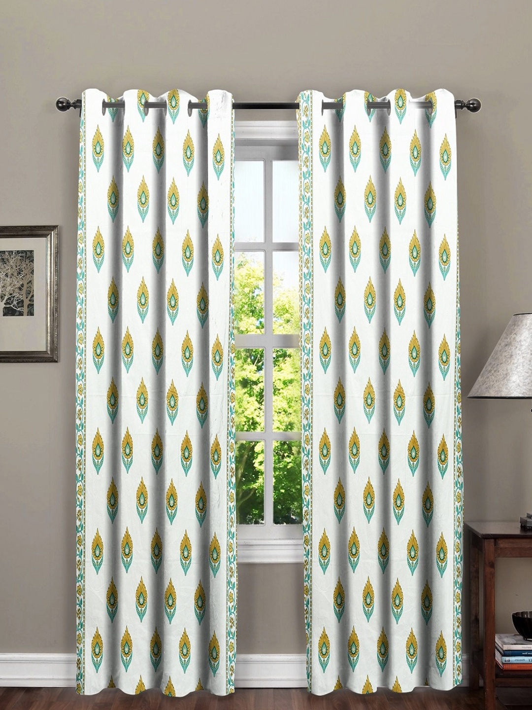 

RRC 2 Pcs White & Yellow Ethnic Motifs Cotton Door Curtain