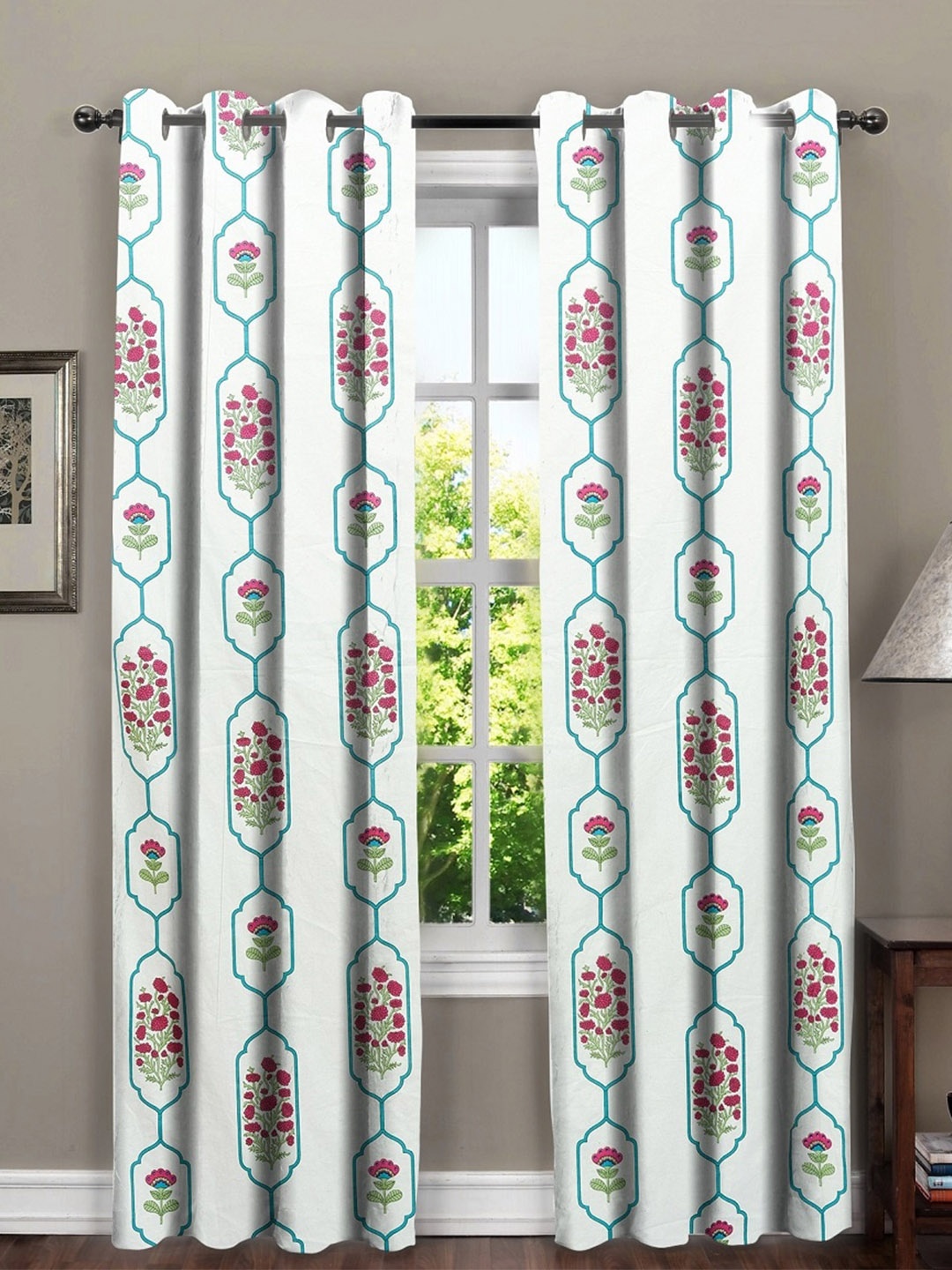 RRC 2 Pcs White & Red Ethnic Motifs Cotton Door Curtain