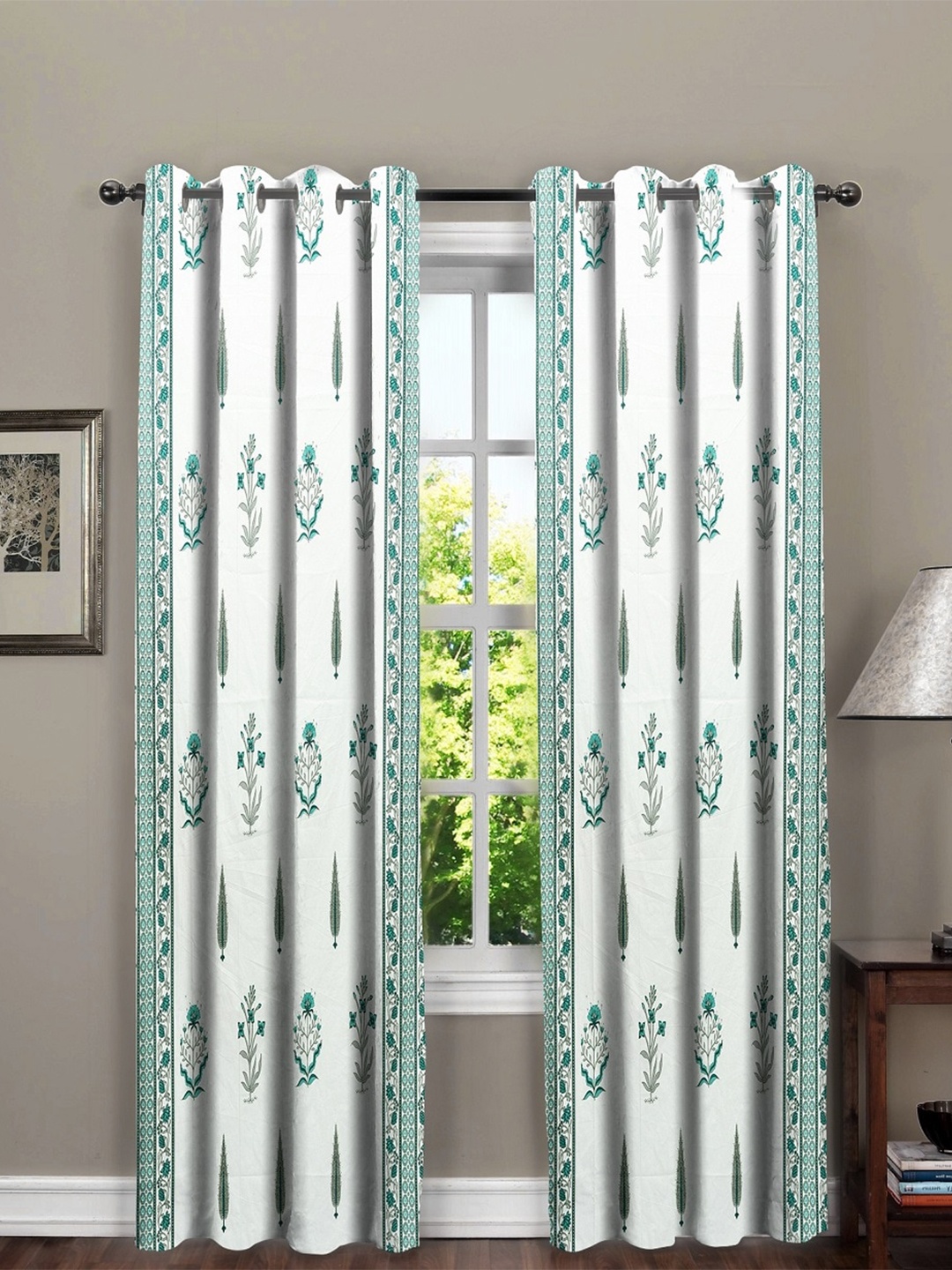 RRC Green & White 2-Pieces Floral Door Curtains