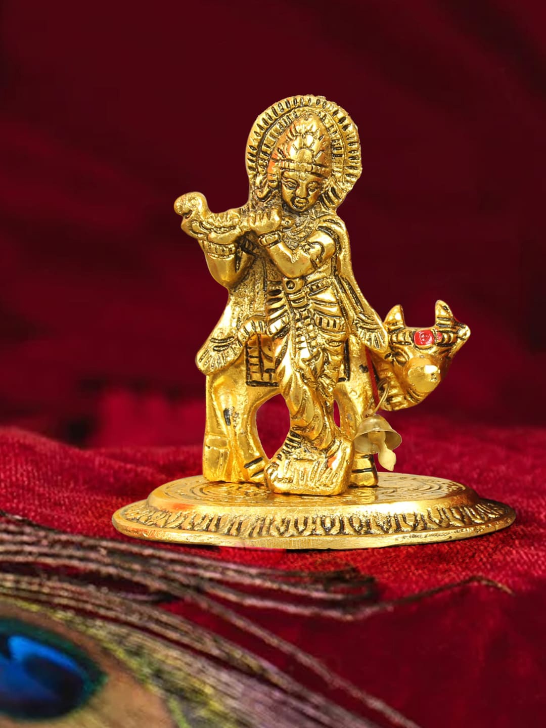 

TIED RIBBONS Metal Krishna with Cow Idol Statue Showpiece, Gold