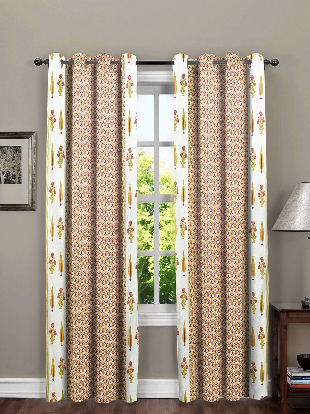 

RRC Brown & White 2 Pieces Floral Cotton Long Door Curtains