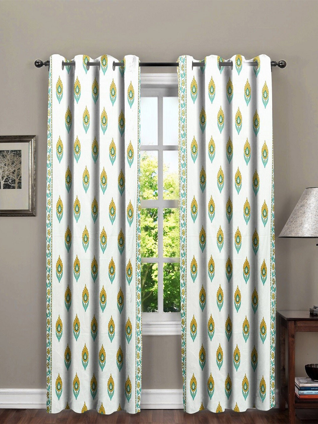 

RRC White & Yellow 2 Pieces Floral Cotton Long Door Curtains