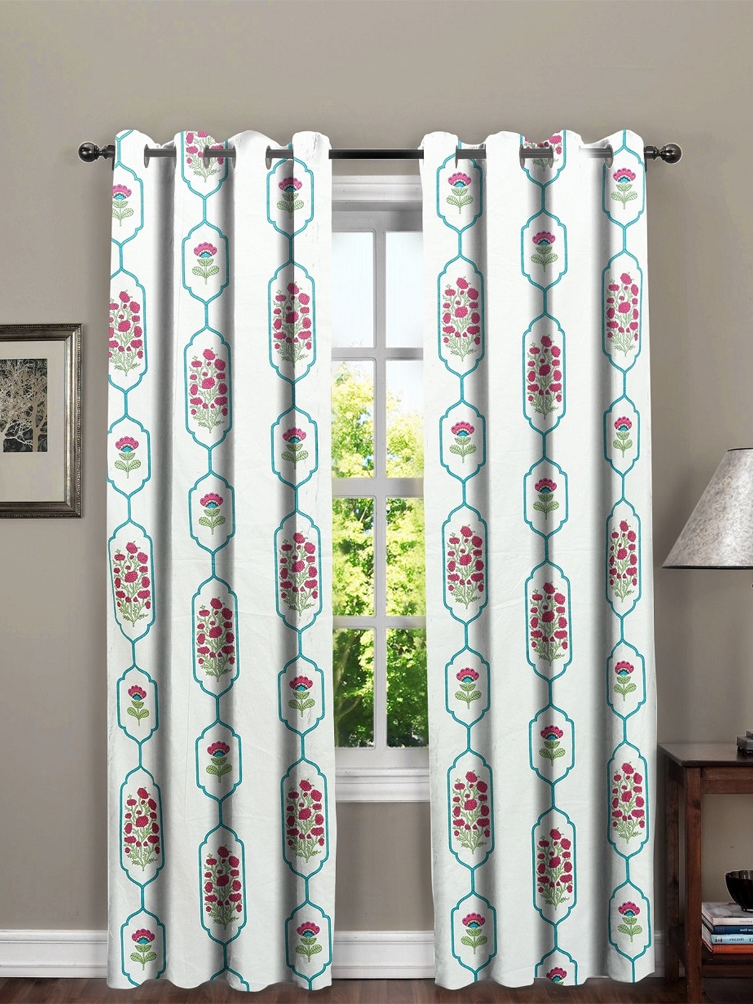

RRC White & Green 2 Pieces Floral Cotton Long Door Curtains