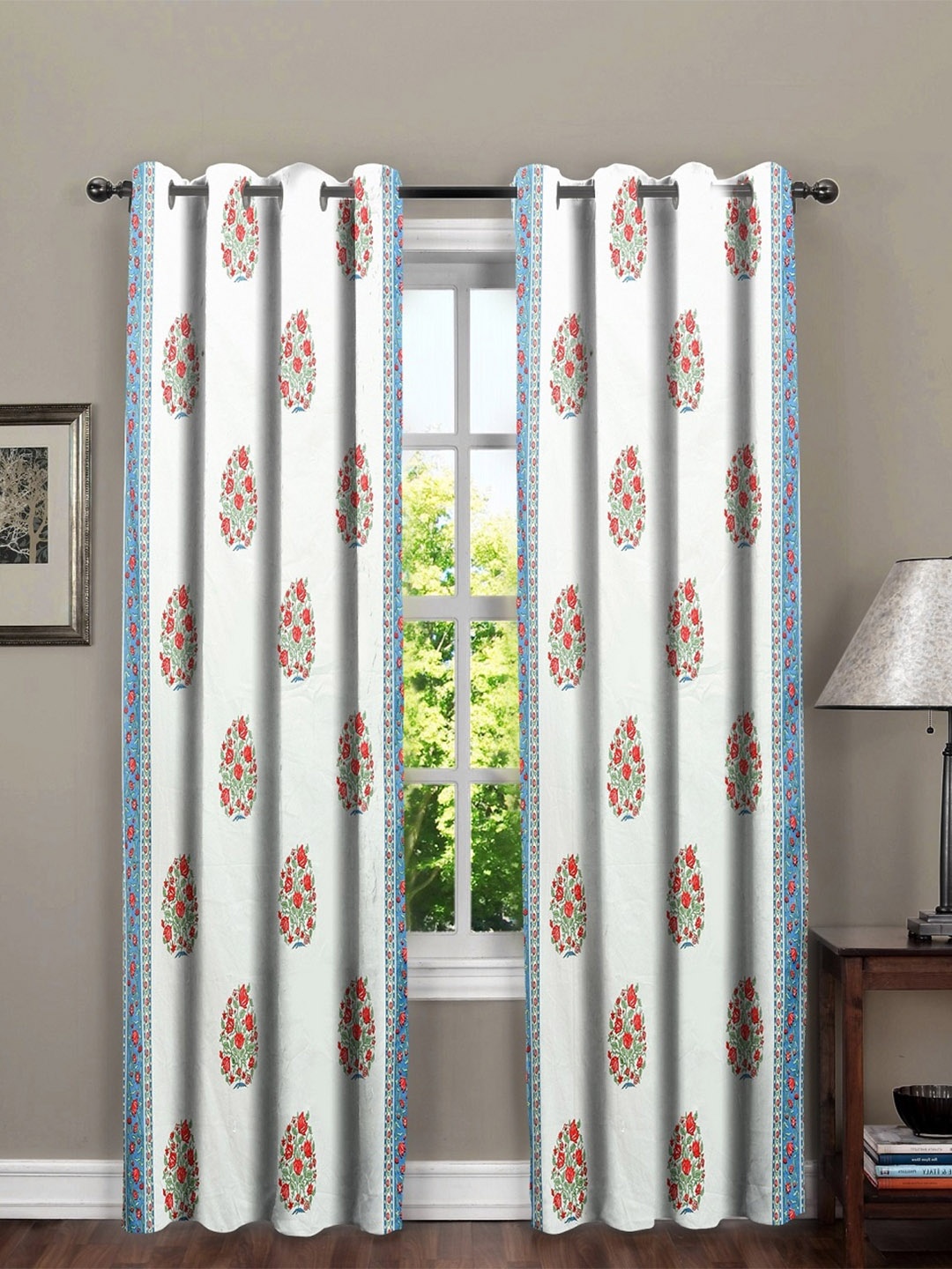 

RRC White & Blue 2 Pieces Floral Cotton Long Door Curtains