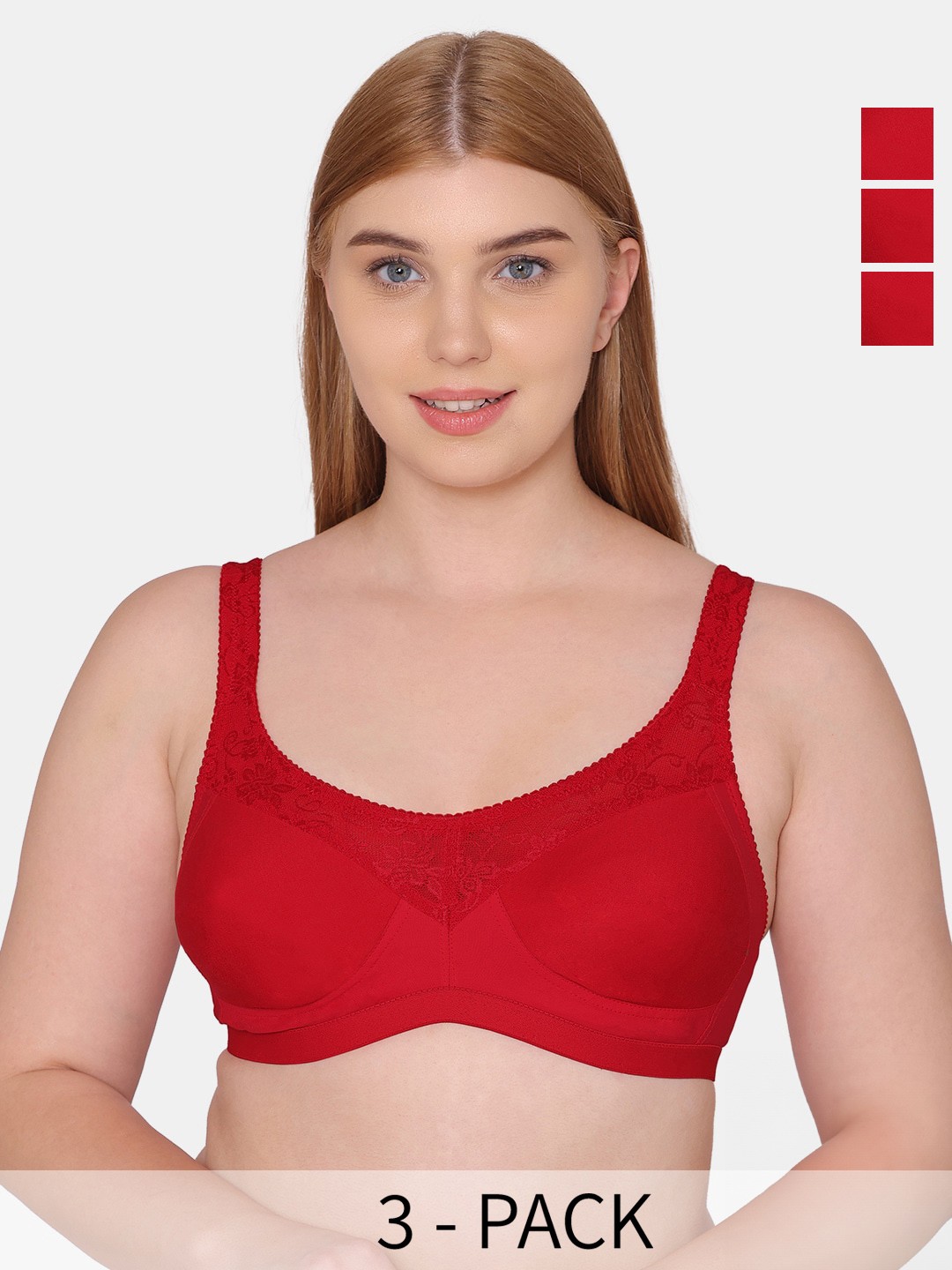 

Souminie Pack Of 3 Full Coverage Non Padded Cotton Minimizer Bra With All Day Comfort, Red