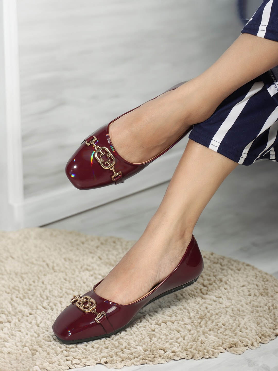 

ELLE Embellished Round Toe Ballerinas, Maroon