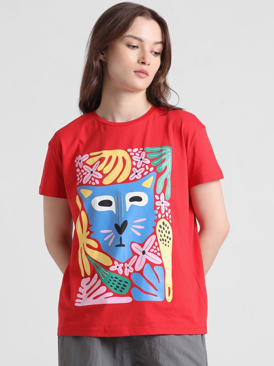 

ONLY Onlnekko Algona Graphic Printed Pure Cotton T-shirt, Red