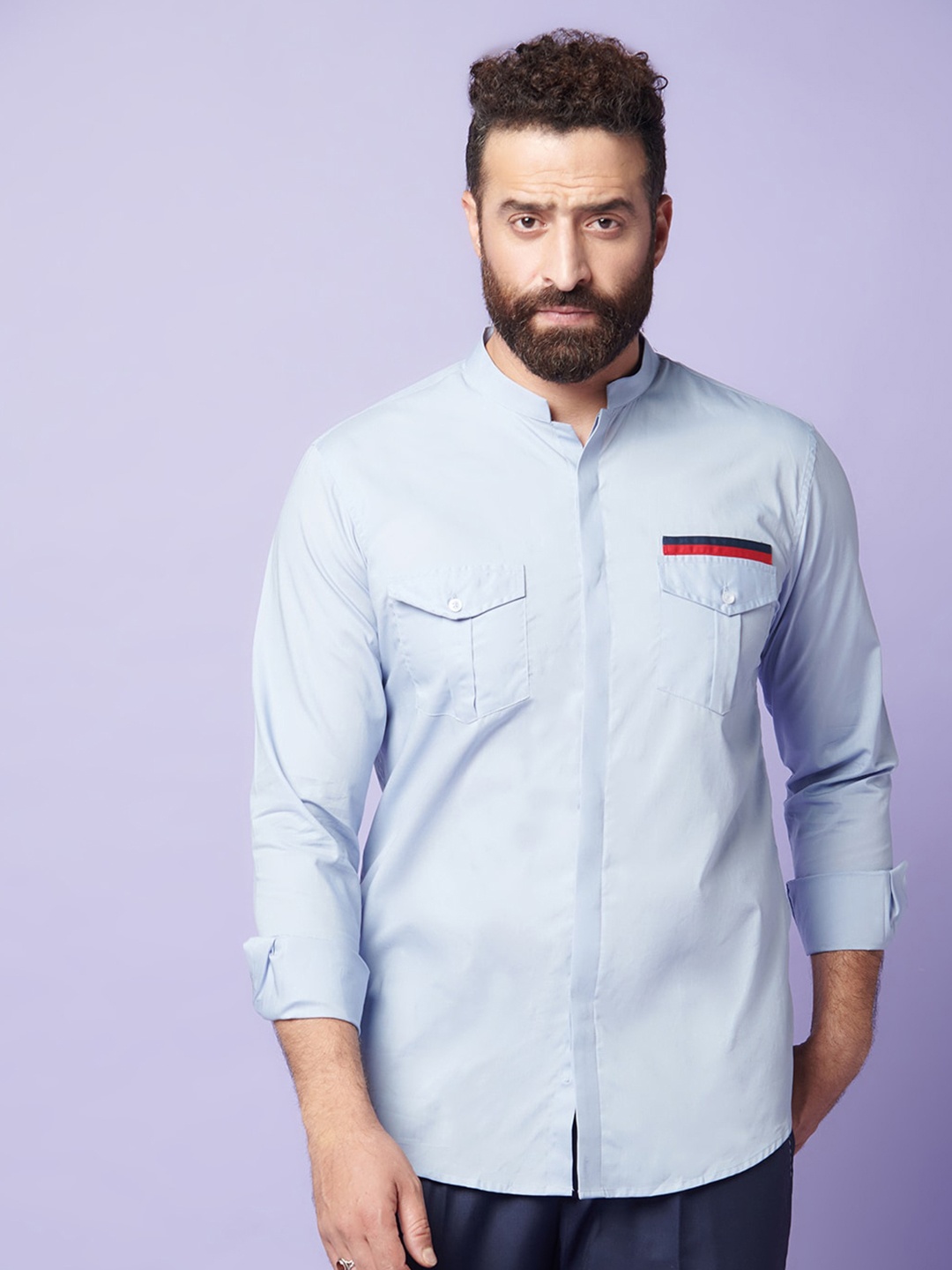 

MR BUTTON Slim Fit Mandarin Collar Cotton Casual Shirt, Blue
