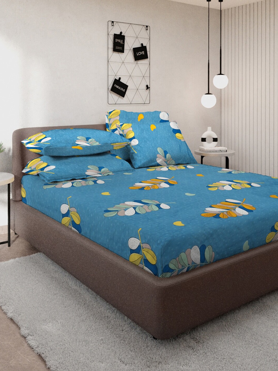 

KLOTTHE Book Fold Blue & Yellow Floral 300 TC King Bedsheet With 4 Pillow Covers