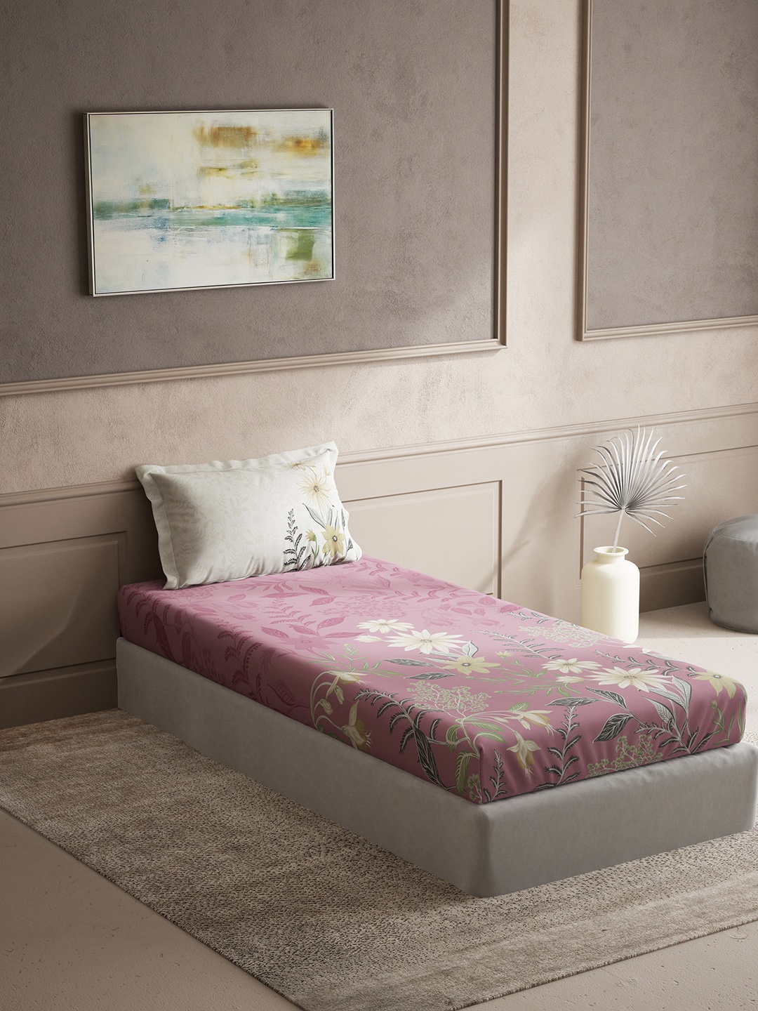 DDecor Pink & White Floral Cotton 150 TC Single Bedsheet With 1 Pillow Cover