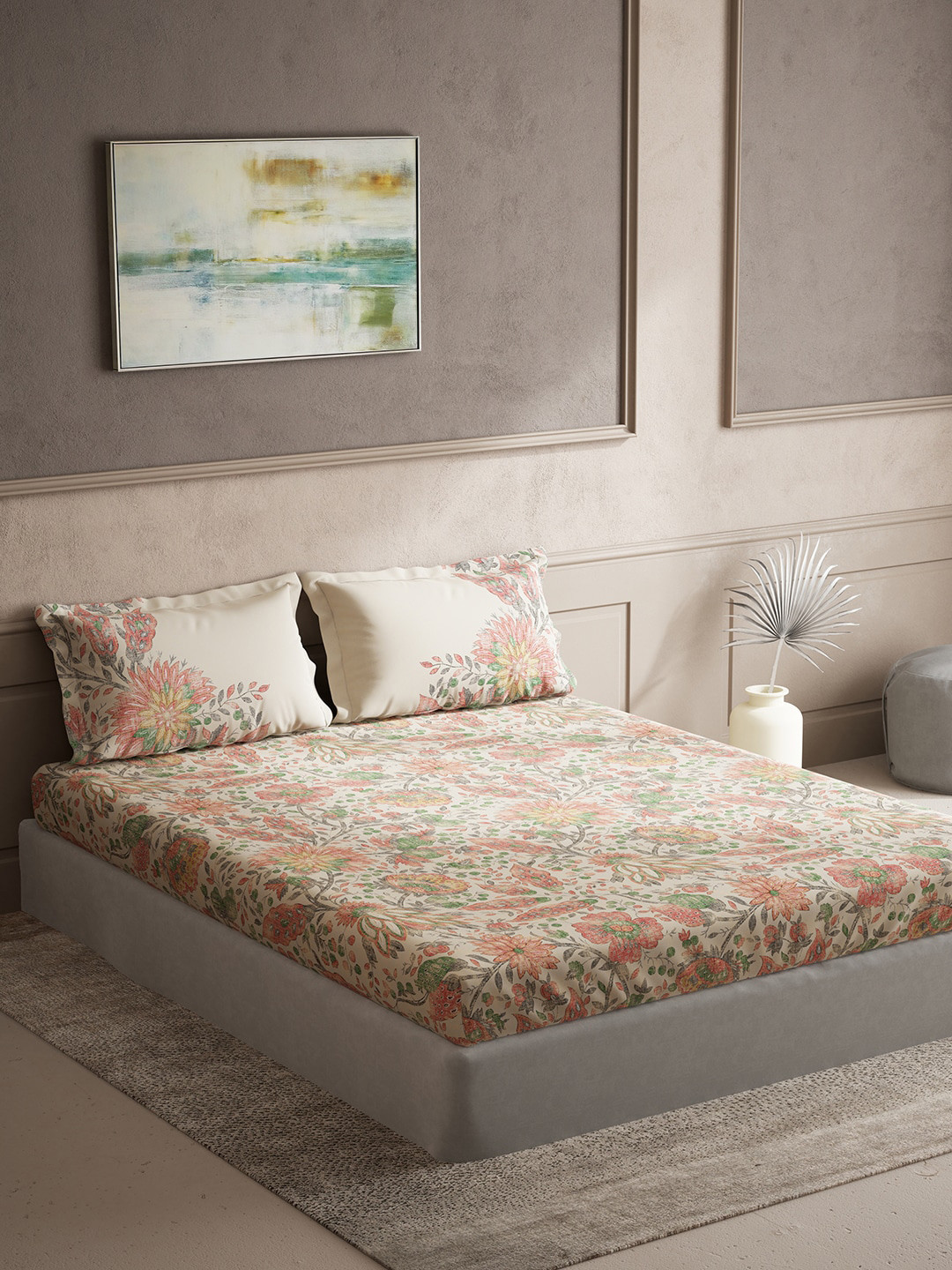 

DDecor Blue & Green Floral Cotton 140 TC King Bedsheet With 2 Pillow Covers
