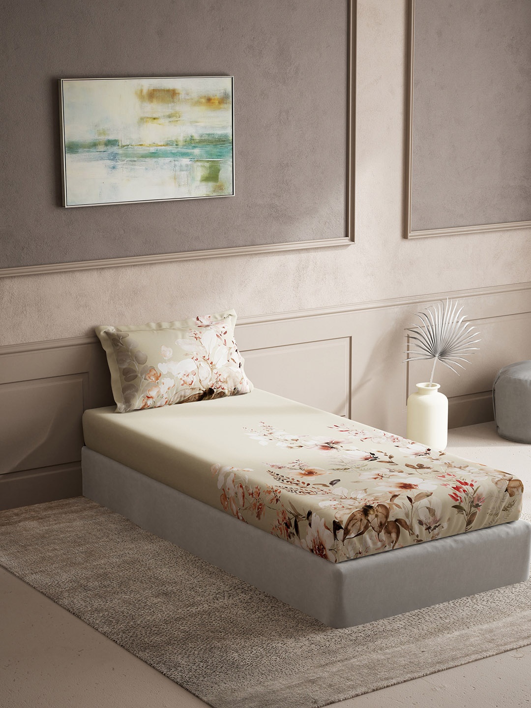 

DDecor Beige & Pink Floral Cotton 150 TC Single Bedsheet With 1 Pillow Cover