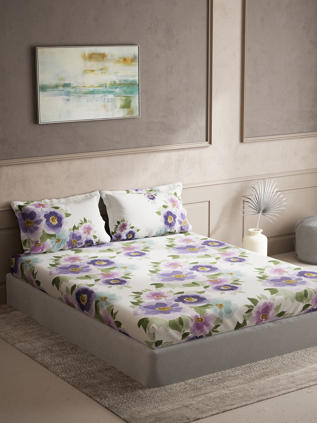 

DDecor Purple & Green Floral Cotton 150 TC King Bedsheet With 2 Pillow Covers