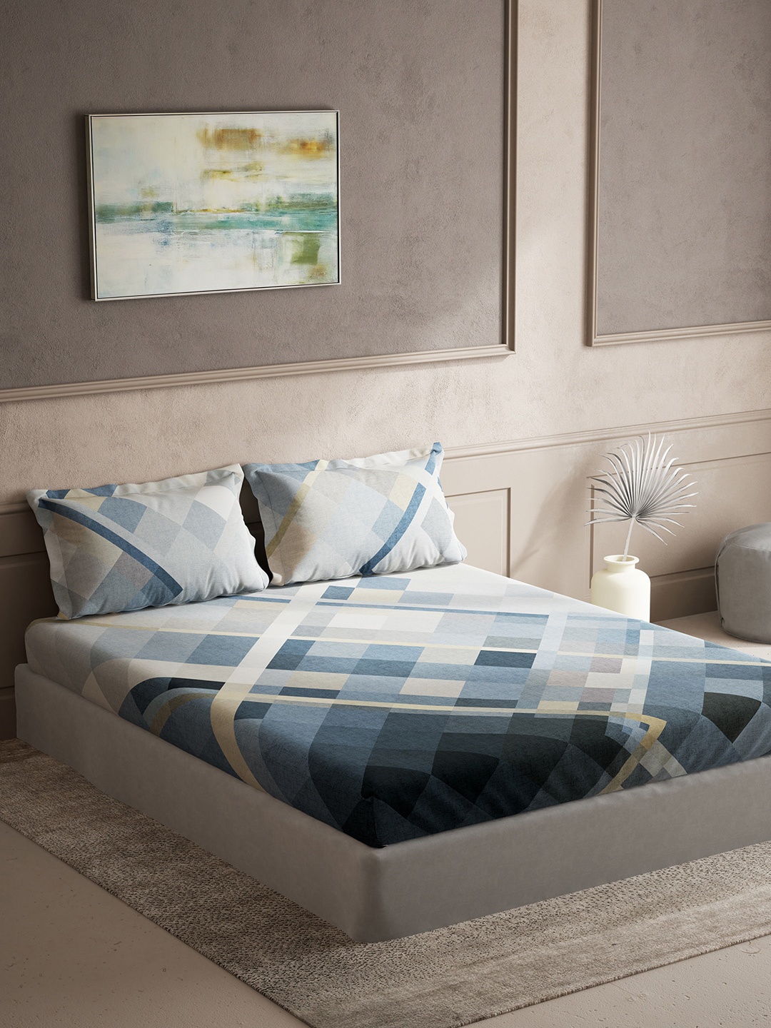 

DDecor White & Blue Geometric Cotton 140 TC King Bedsheet with 2 Pillow Covers