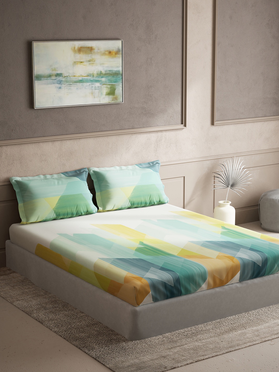 

DDecor Blue & Green Printed Cotton 144 TC Queen Bedsheet With 2 Pillow Covers