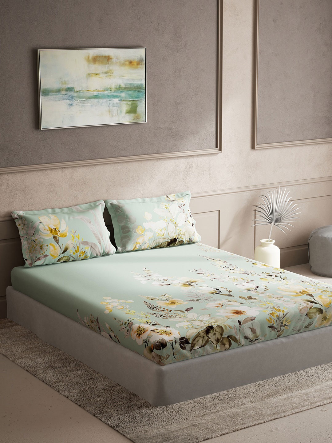 

DDecor Sea Green & Yellow Floral Cotton 150 TC King Bedsheet with 2 Pillow Covers