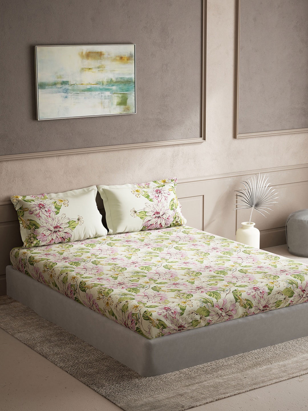 

DDecor Pink & Green Floral Cotton 144 TC Queen Bedsheet With 2 Pillow Covers