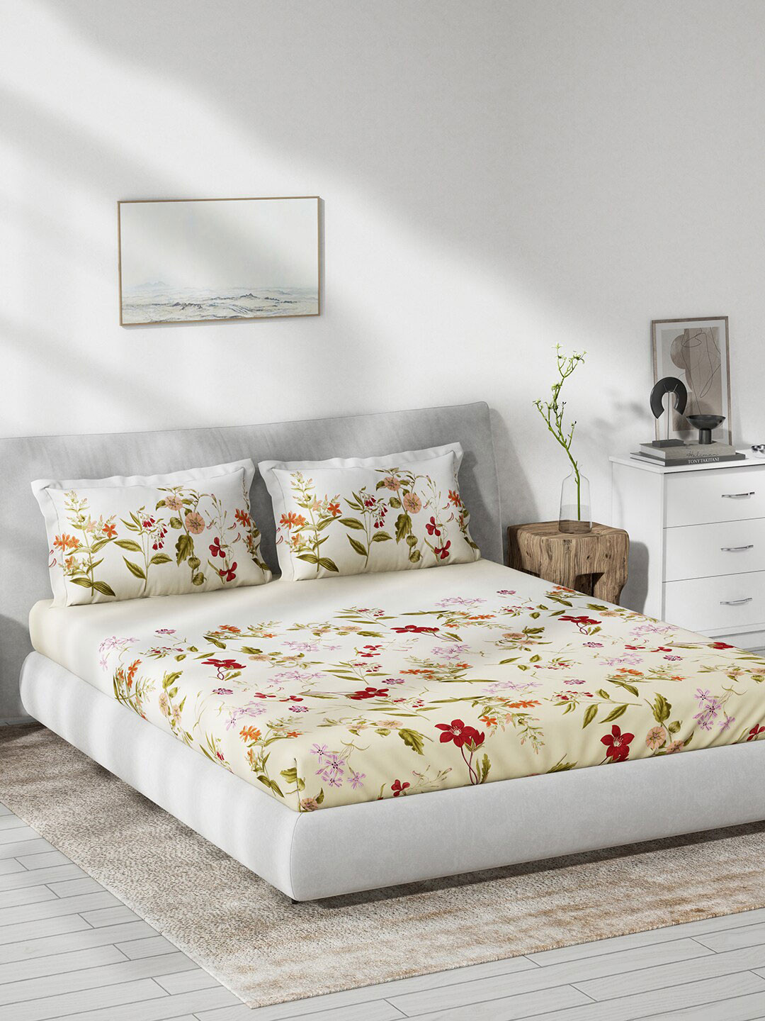 

DDecor Yellow & Green Floral Cotton 140 TC Queen Bedsheet With 2 Pillow Covers