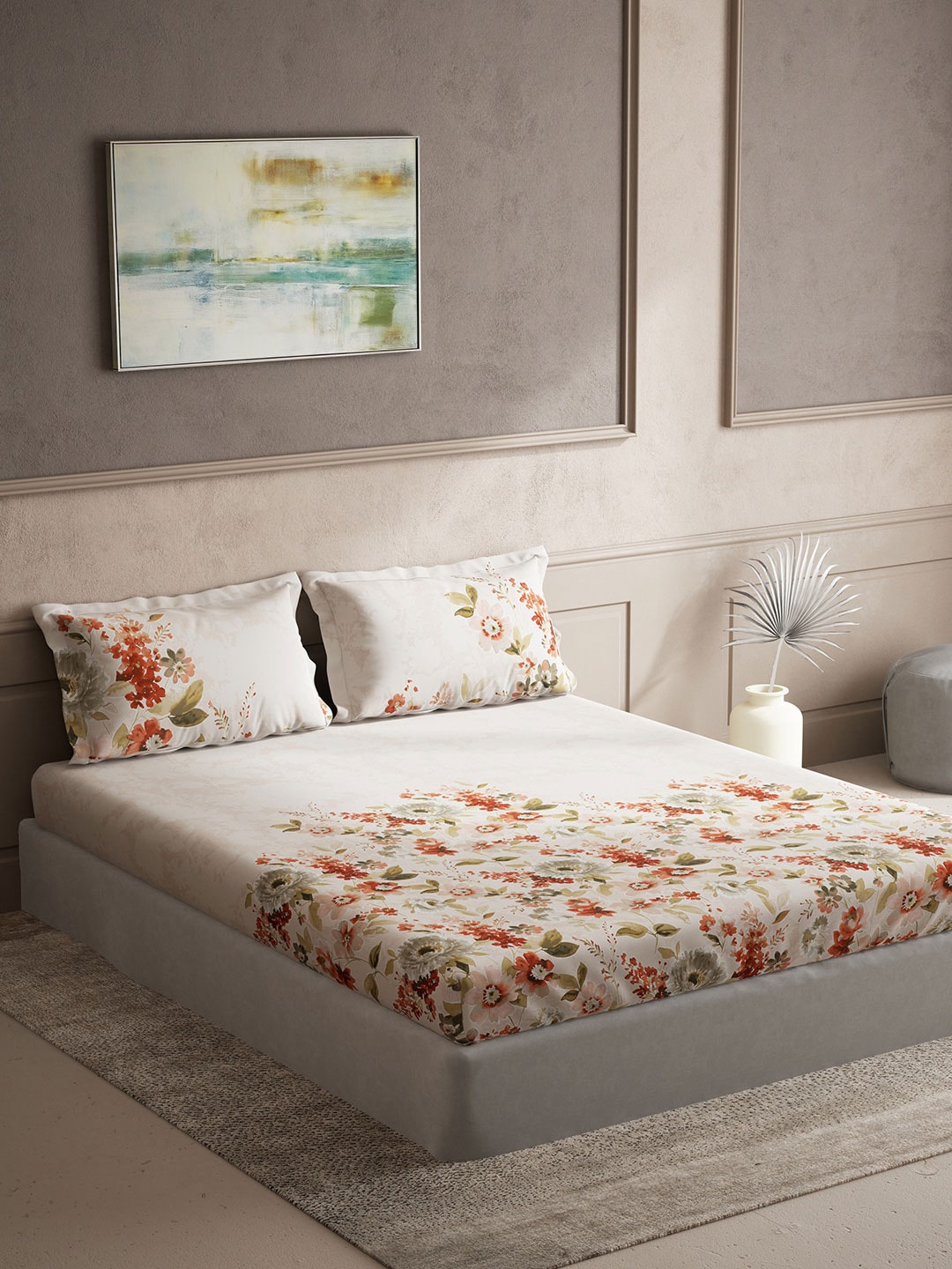 

DDecor Orange & Beige Floral Cotton 140 TC King Bedsheet With 2 Pillow Covers