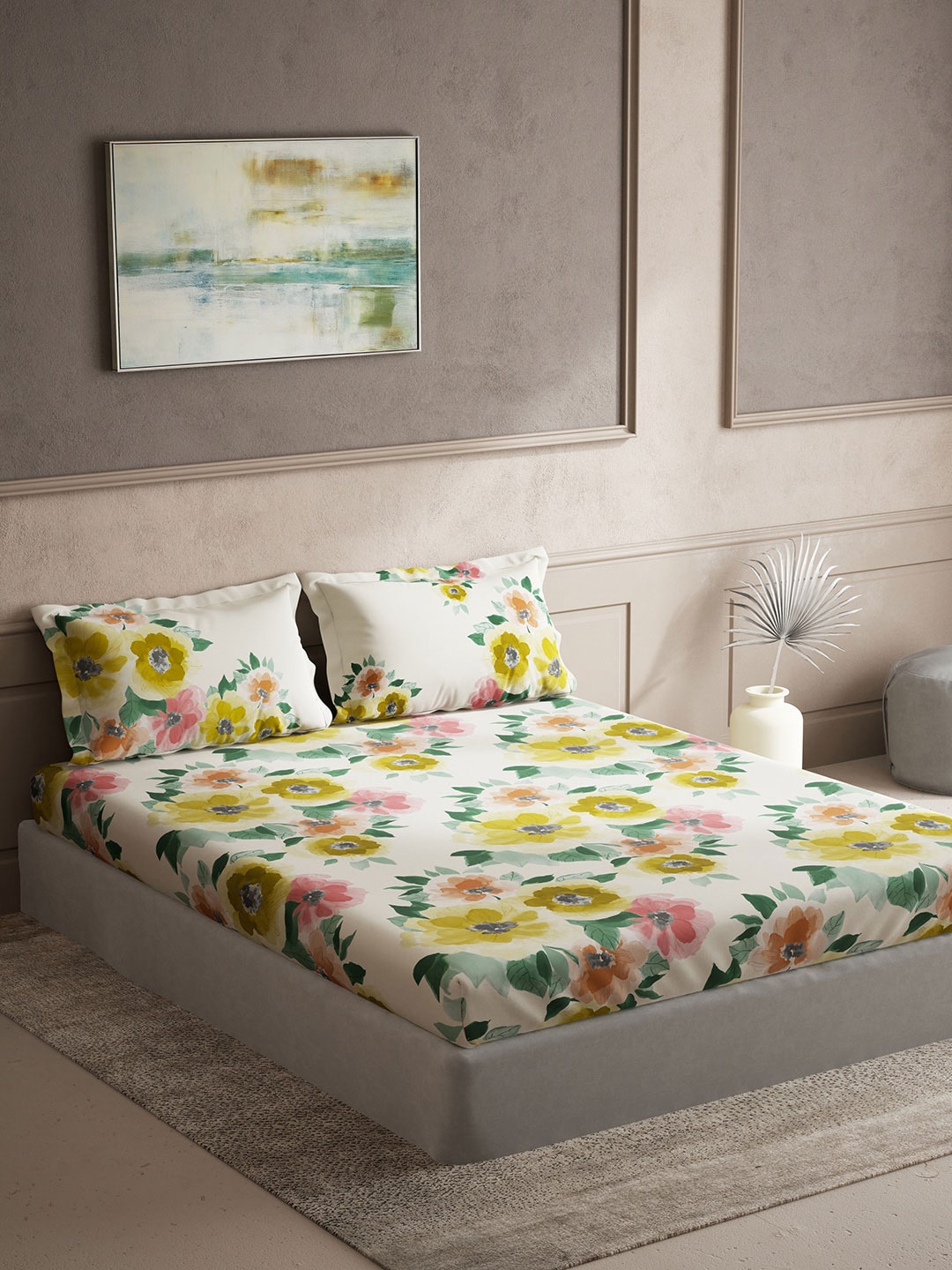 DDecor White & Yellow Floral Cotton 150 TC King Bedsheet with 2 Pillow Covers