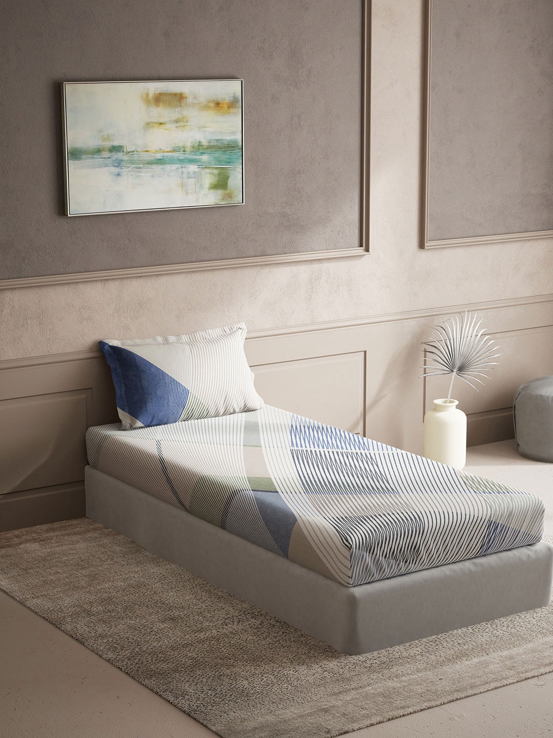 

DDecor Blue & Beige Abstract Cotton 150 TC Single Bedsheet With 1 Pillow Cover