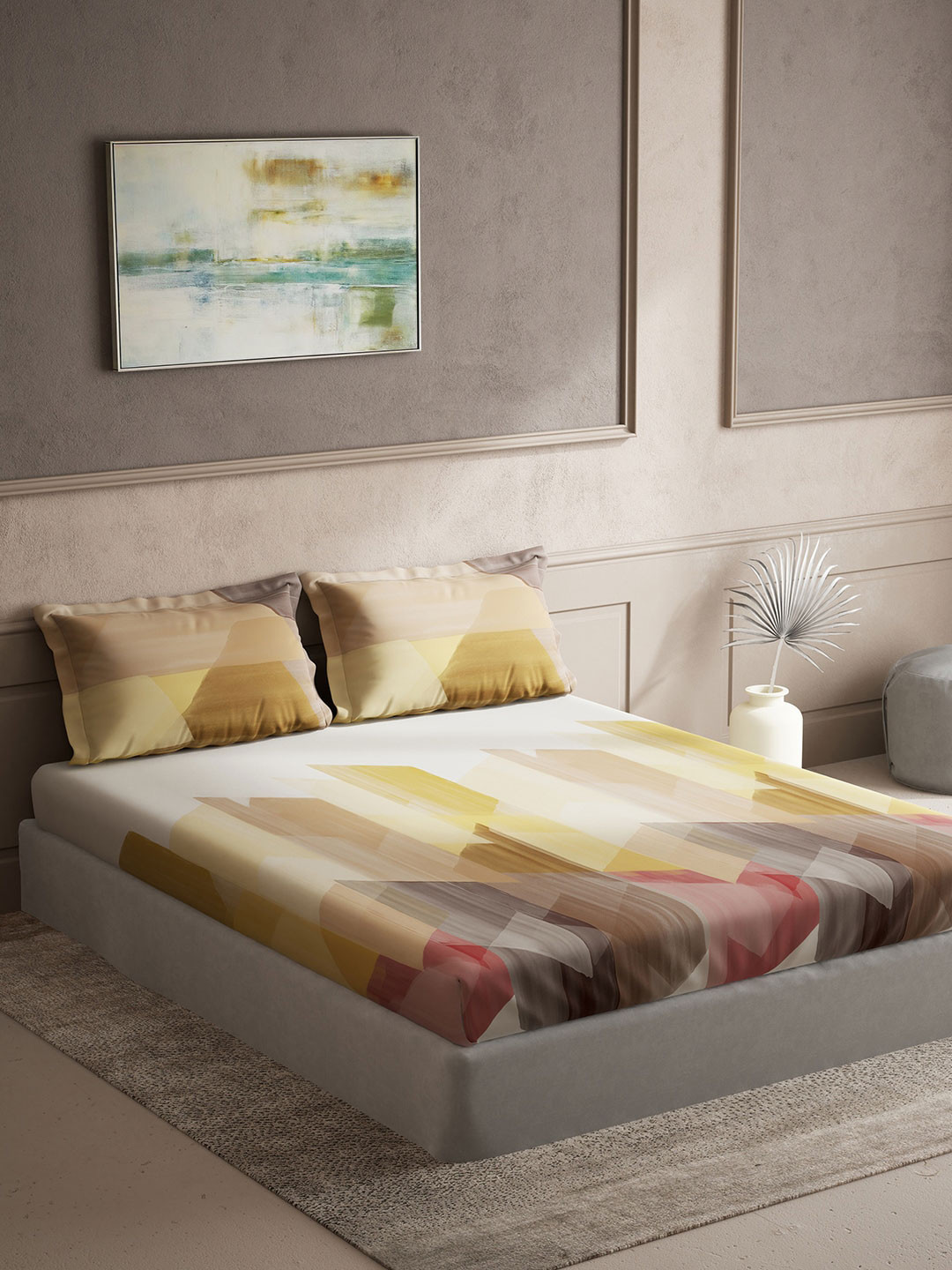 DDecor Brown & Yellow Abstract Cotton 144 TC Queen Bedsheet With 2 Pillow Covers