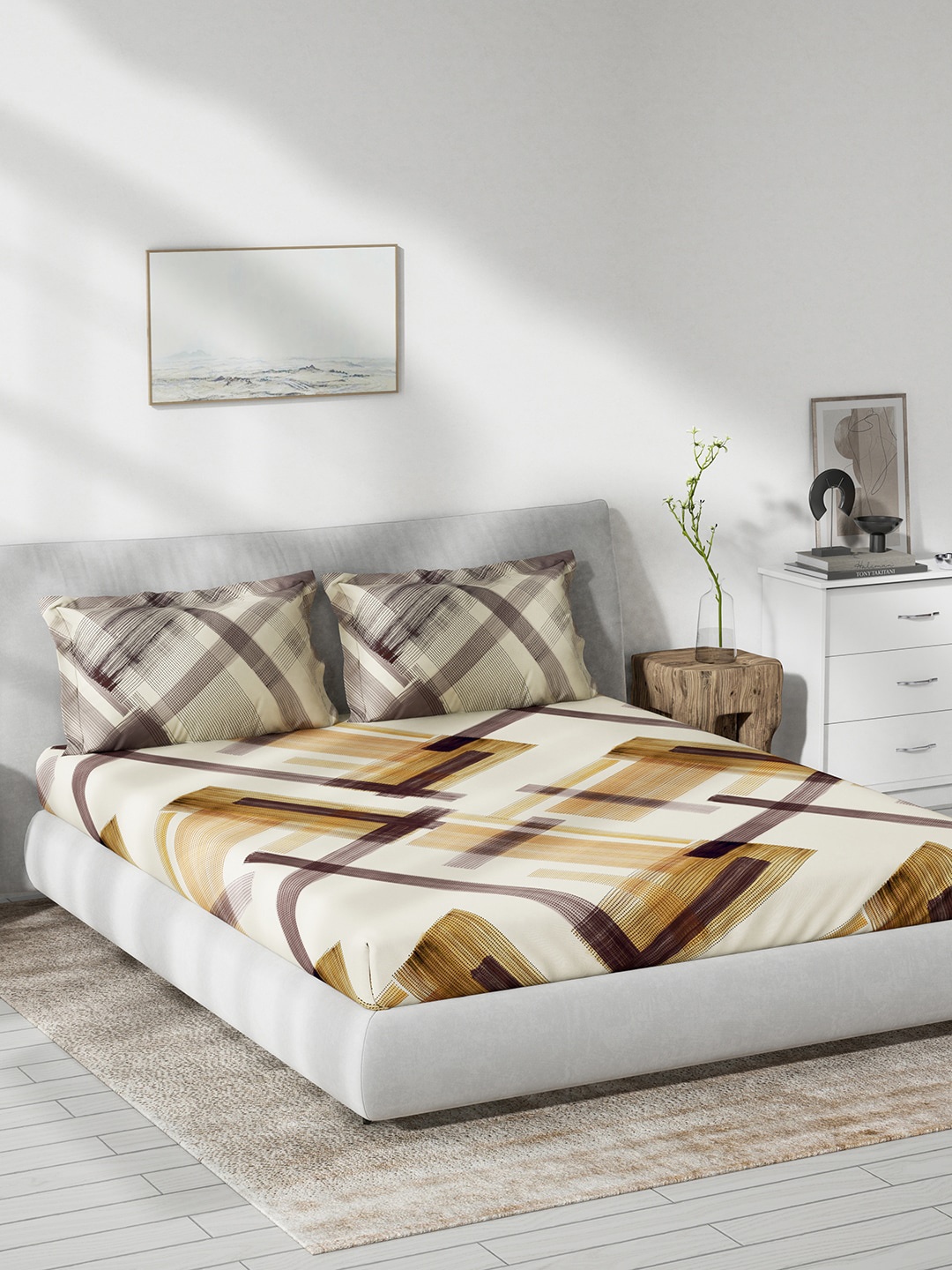 

DDecor Brown & Yellow Abstract Cotton 140 TC Queen Bedsheet With 2 Pillow Covers