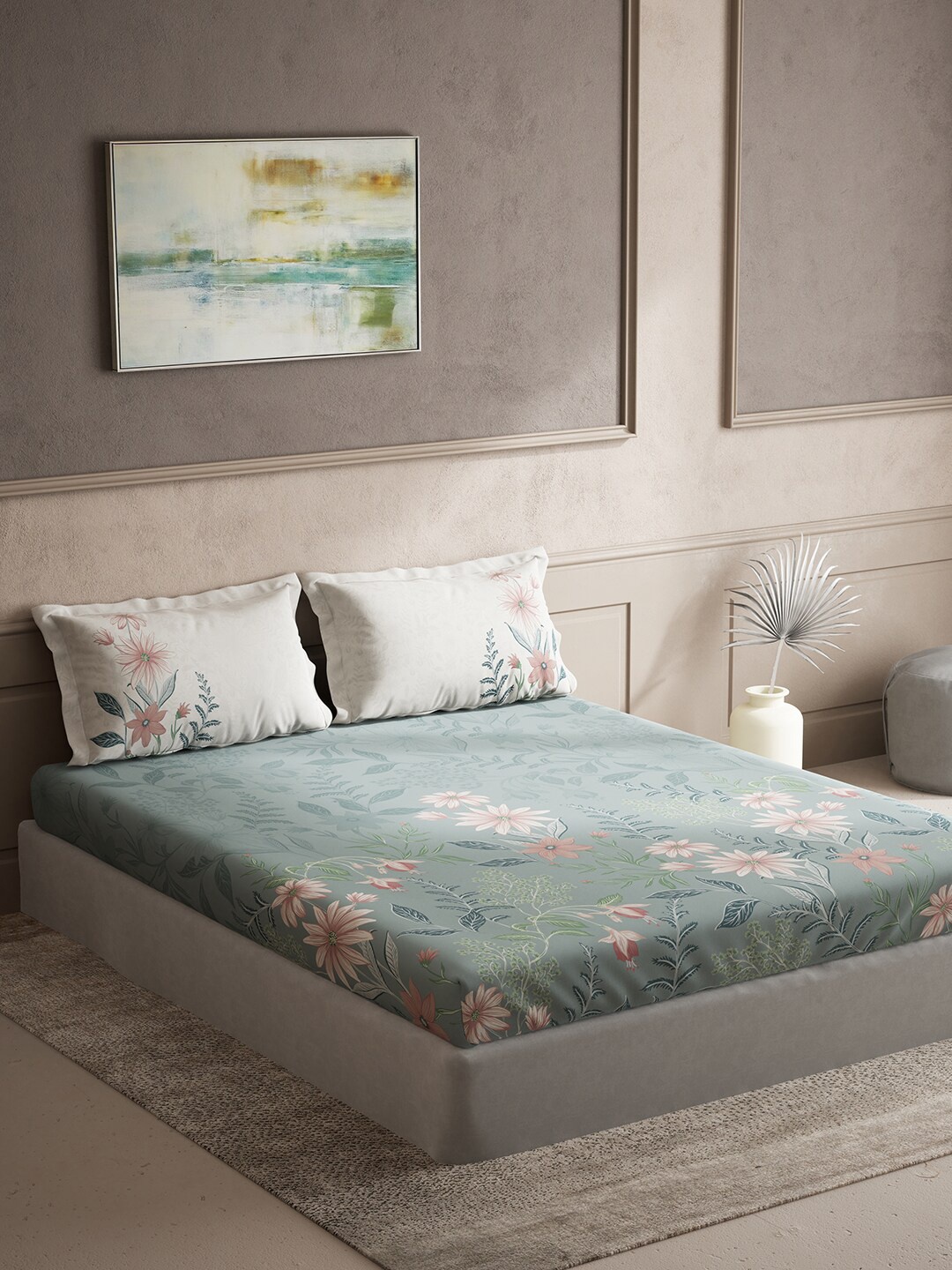 DDecor Sea Green & White Floral Cotton 150 TC King Bedsheet with 2 Pillow Covers