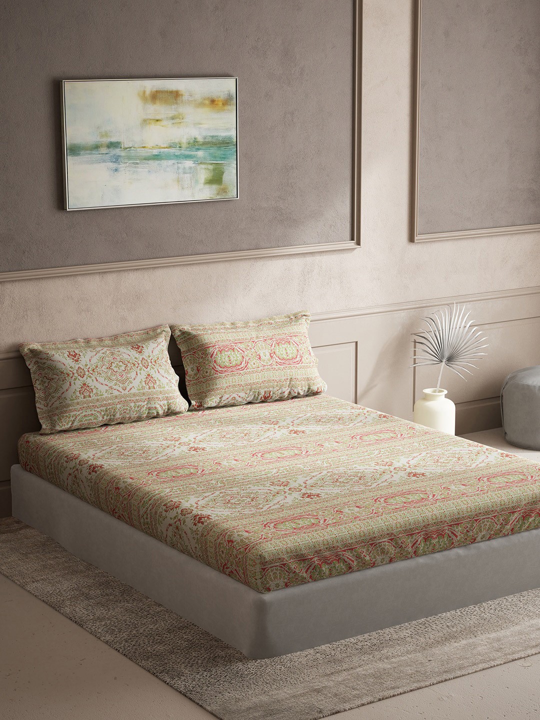 

DDecor Beige & Red Ethnic Motifs Cotton 150 TC King Bedsheet with 2 Pillow Covers