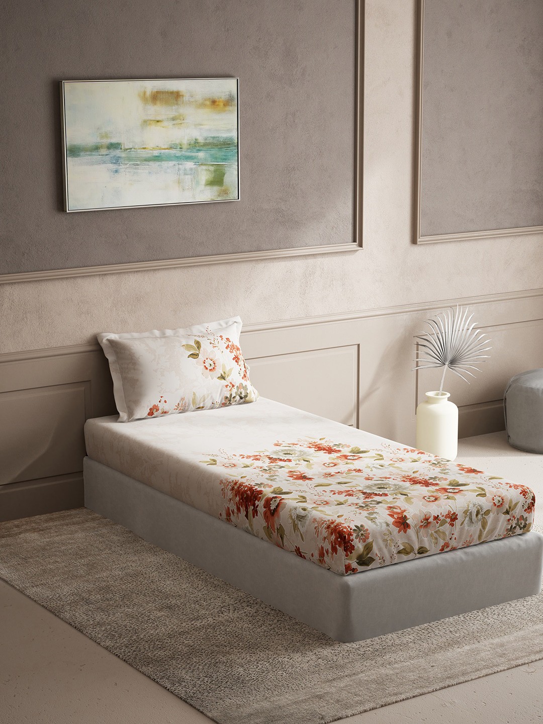 

DDecor Orange & Beige Floral Cotton 140 TC Single Bedsheet With 1 Pillow Cover