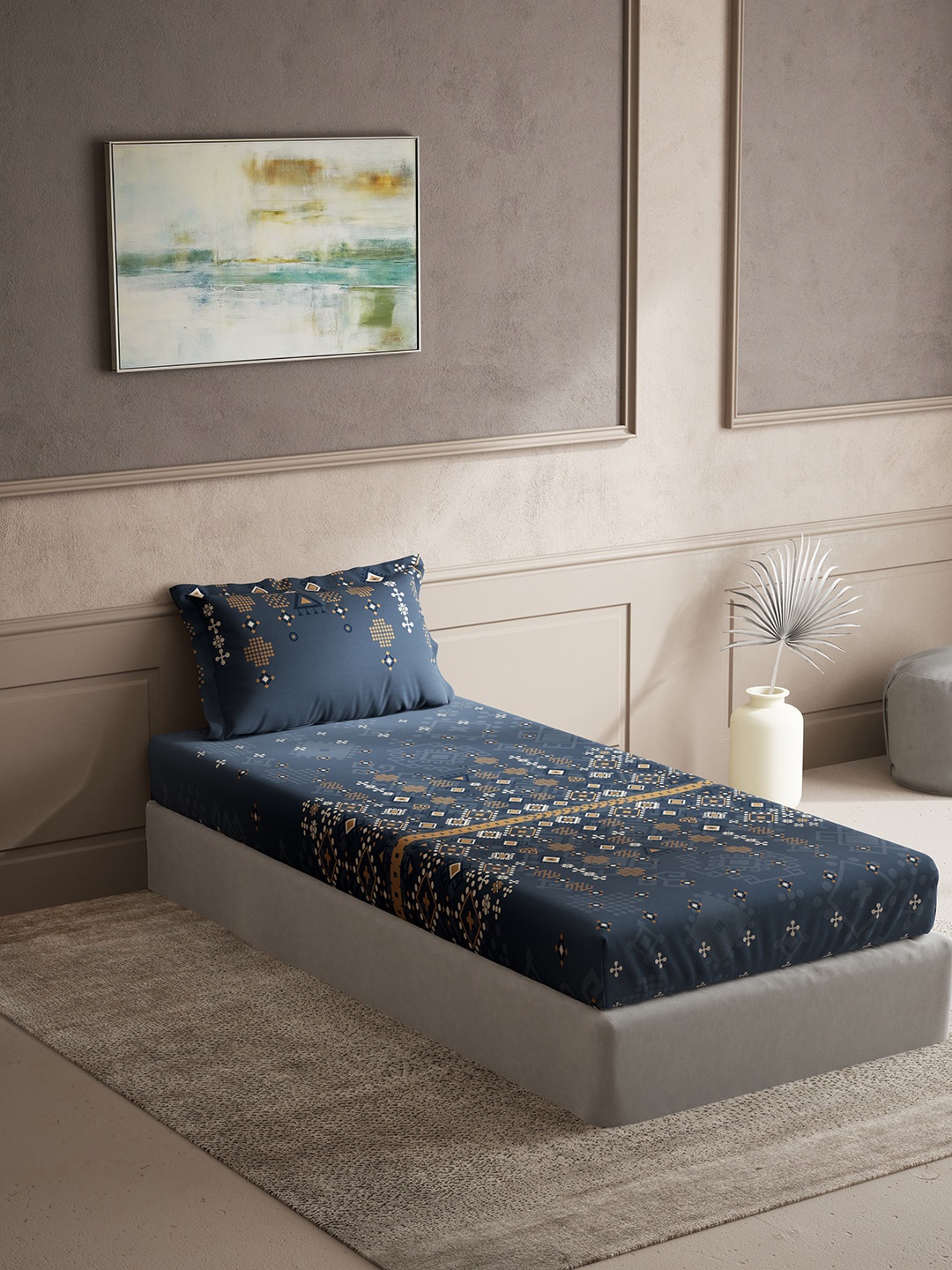 DDecor Blue & Brown Ethnic Motifs Cotton 150 TC Single Bedsheet with 1 Pillow Cover